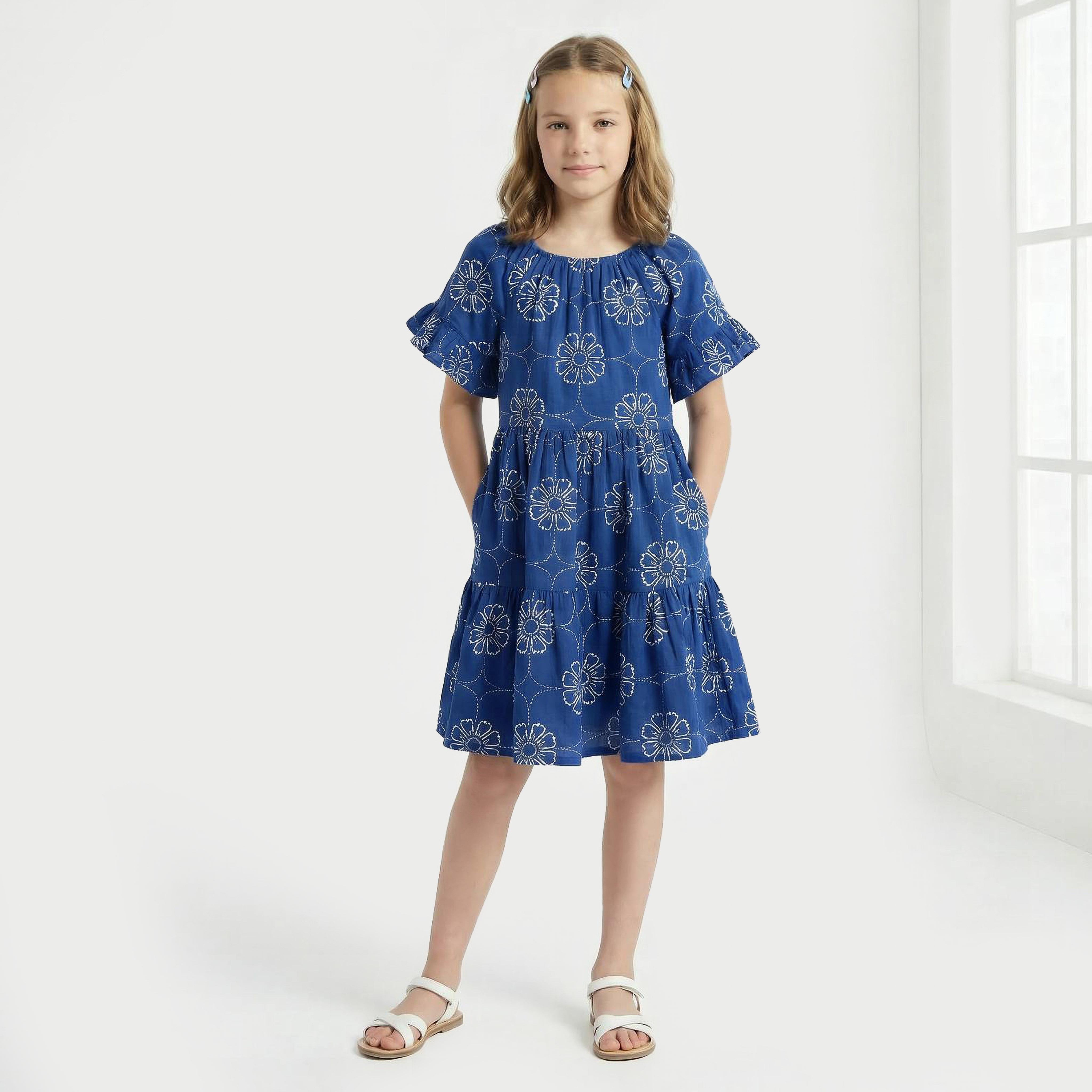 Juniors Round Neck Short Sleeves Knee Length A-line Dress with Floral Print-girls-clothing-dressesandjumpsuits-image-2