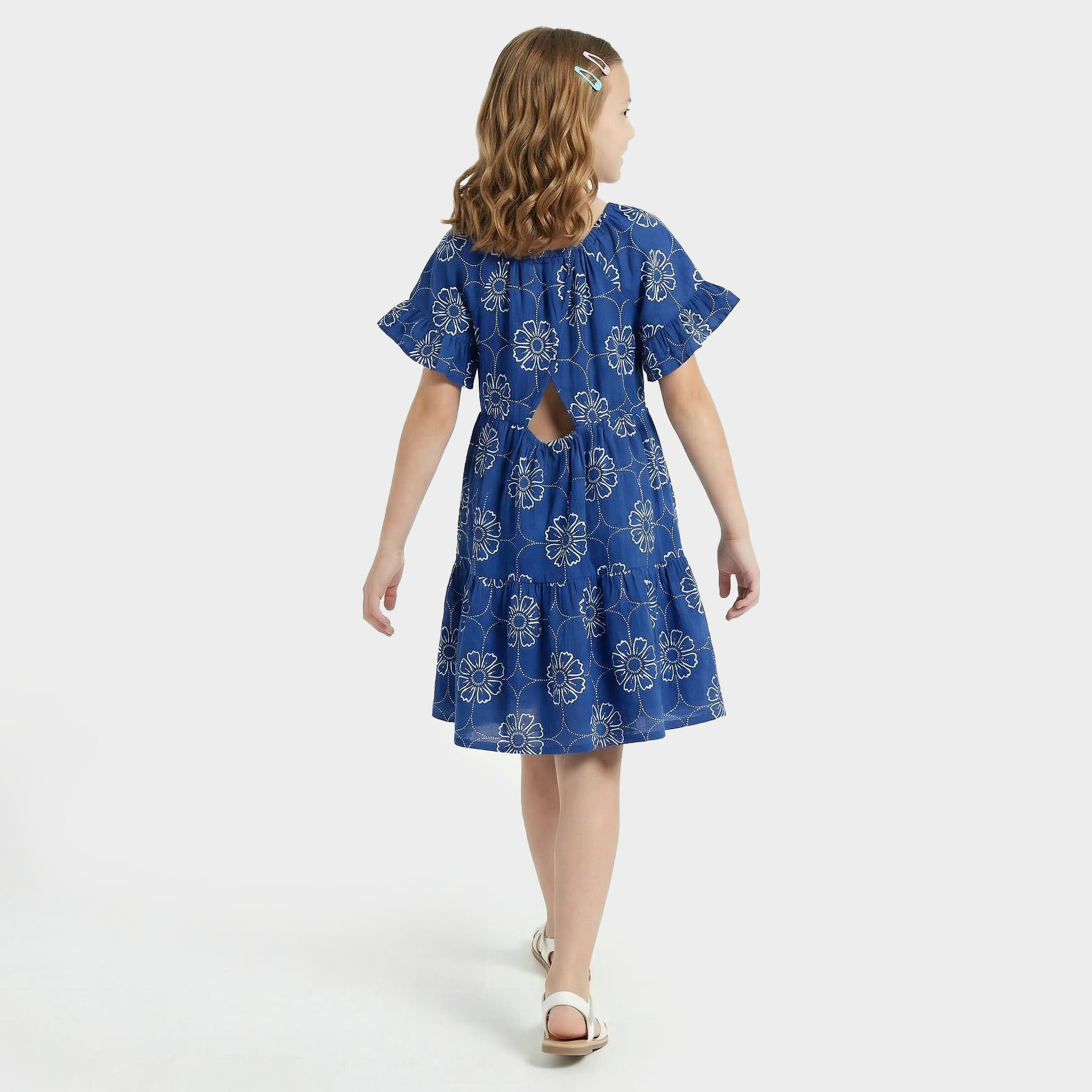 Juniors Round Neck Short Sleeves Knee Length A-line Dress with Floral Print-girls-clothing-dressesandjumpsuits-image-3