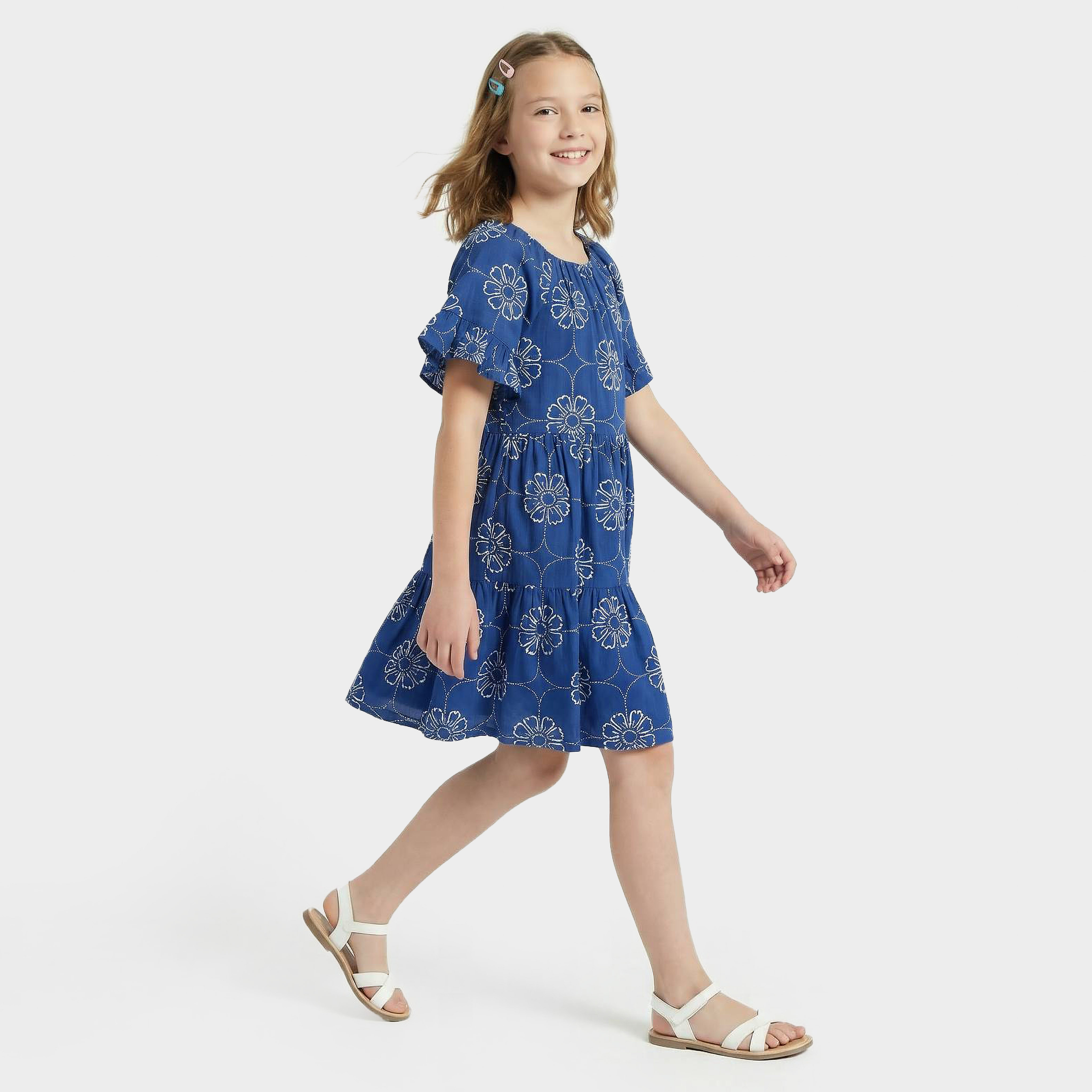 Juniors Round Neck Short Sleeves Knee Length A-line Dress with Floral Print-girls-clothing-dressesandjumpsuits-image-5