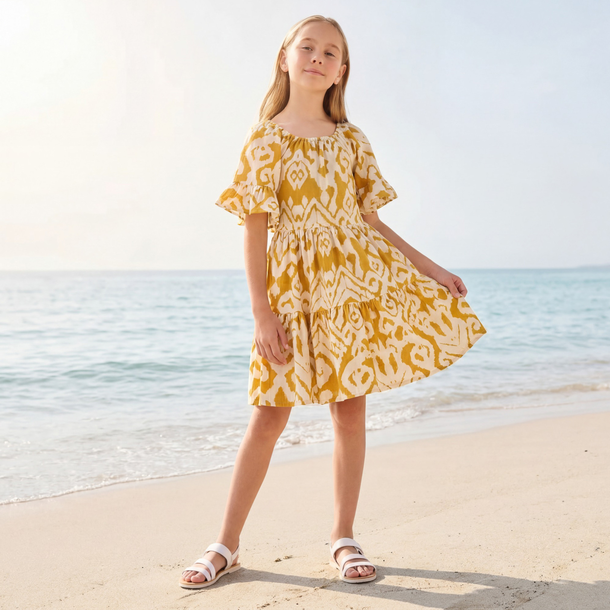Juniors Round Neck Short Ruffle Sleeves Midi A-line Dress with Ikat Print-girls-clothing-dressesandjumpsuits-image-1