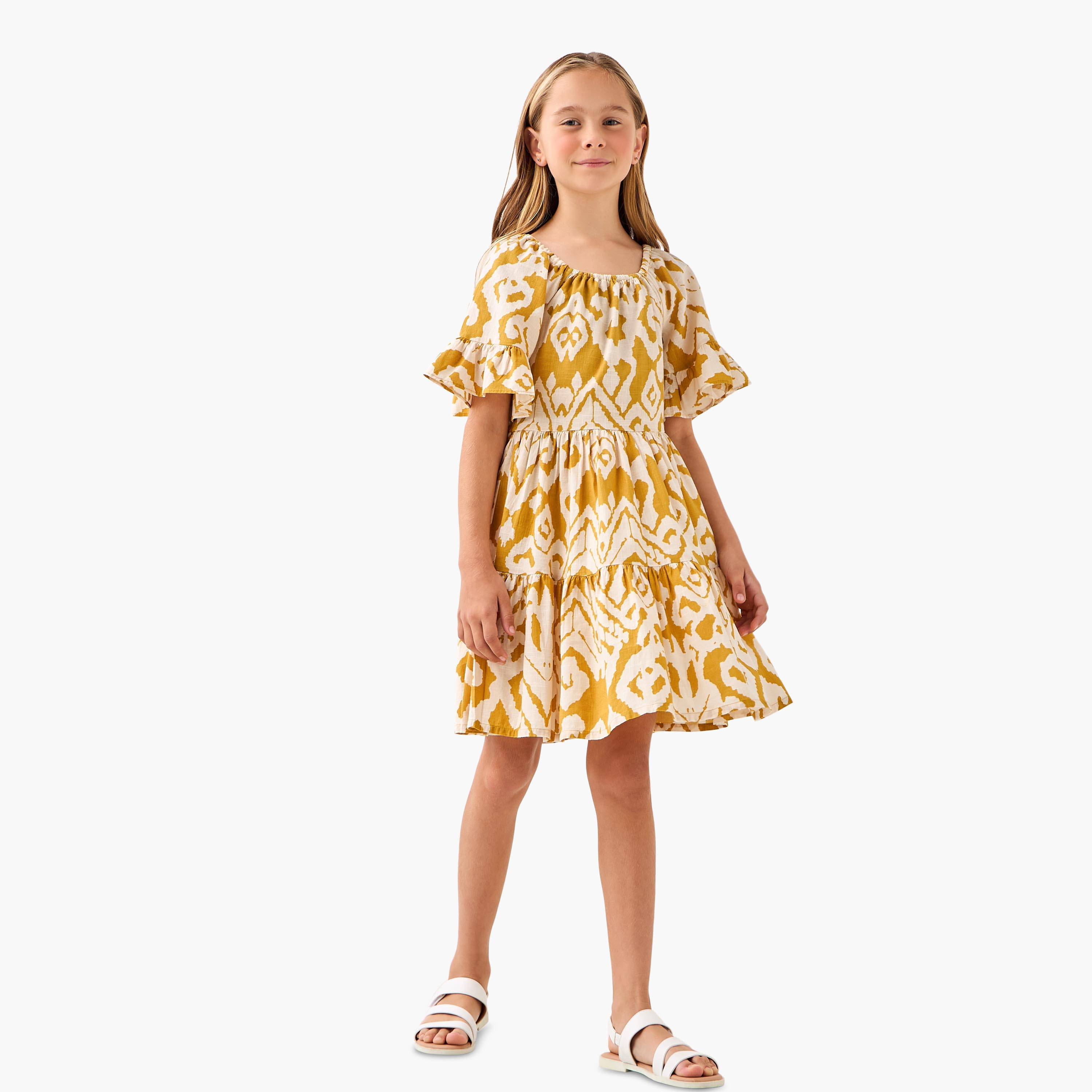 Juniors Round Neck Short Ruffle Sleeves Midi A-line Dress with Ikat Print-girls-clothing-dressesandjumpsuits-image-2
