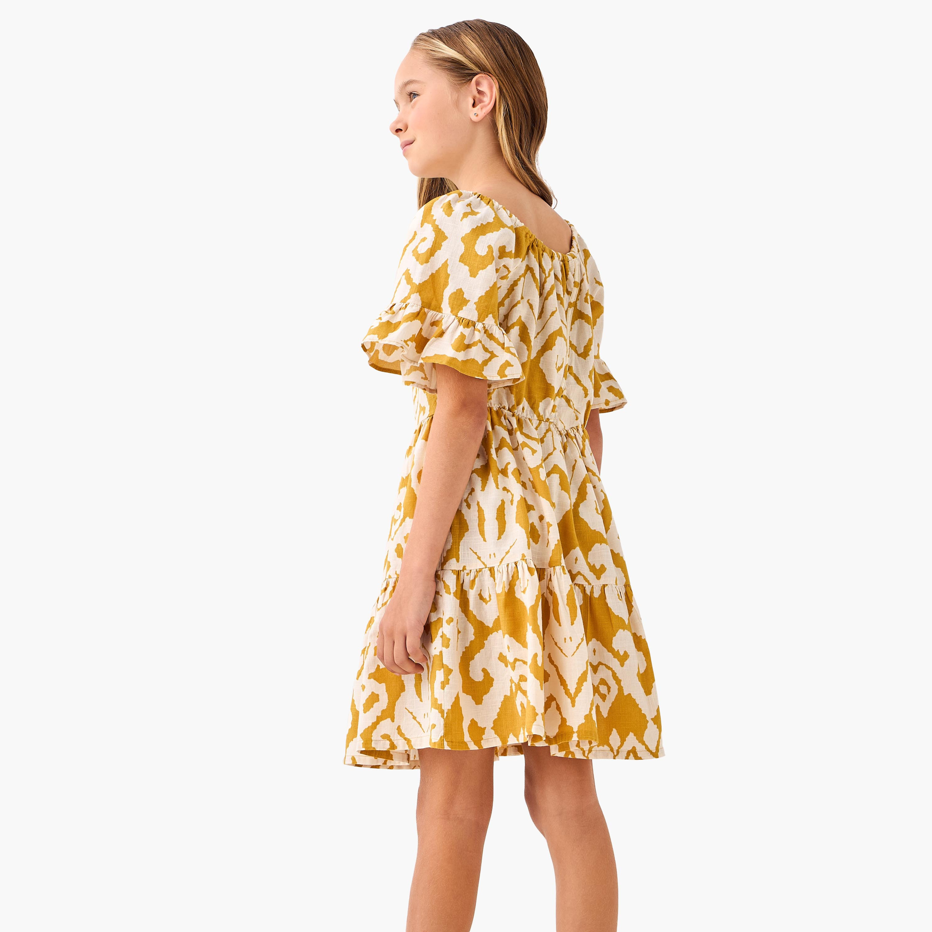 Juniors Round Neck Short Ruffle Sleeves Midi A-line Dress with Ikat Print-girls-clothing-dressesandjumpsuits-image-3