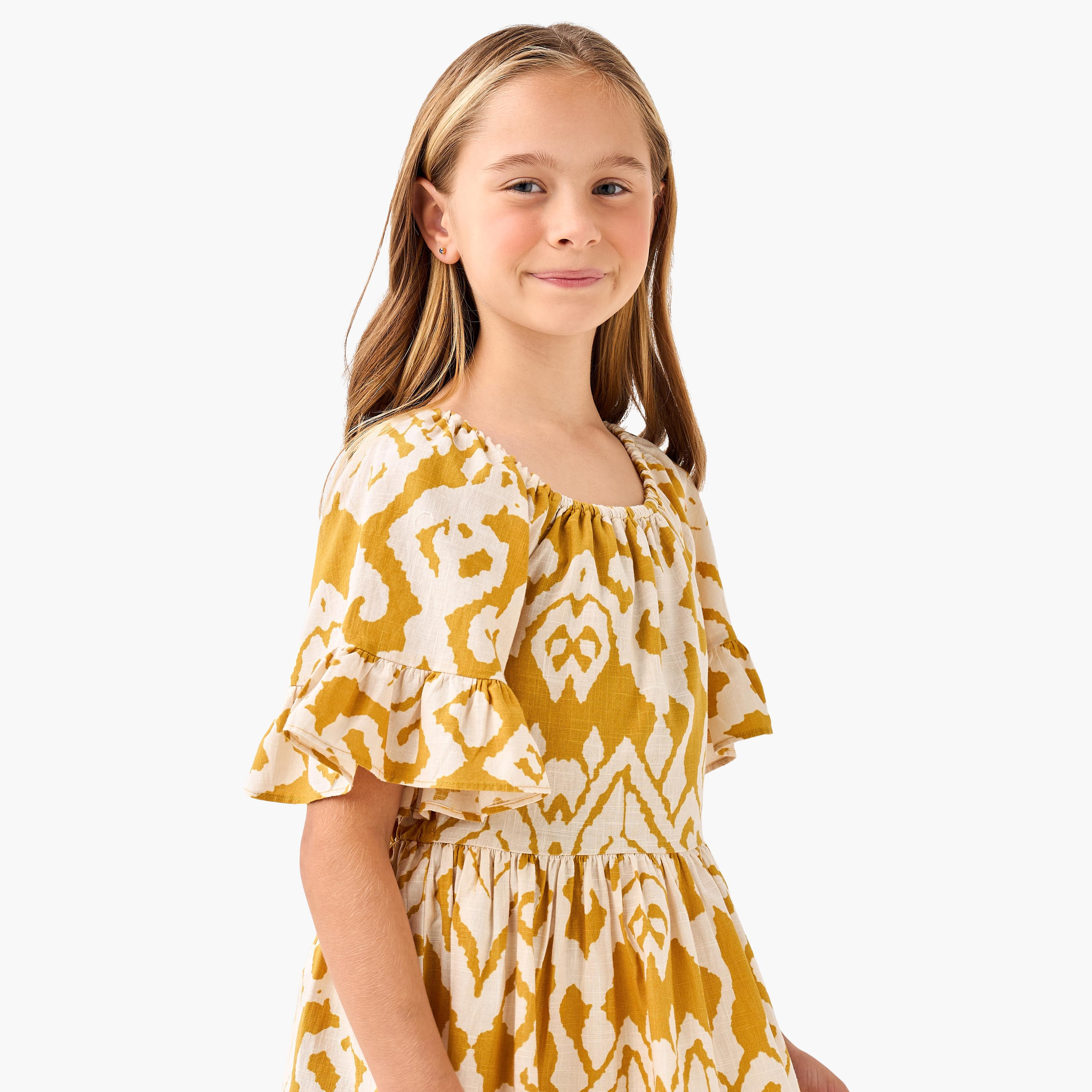 Juniors Round Neck Short Ruffle Sleeves Midi A-line Dress with Ikat Print-girls-clothing-dressesandjumpsuits-image-4