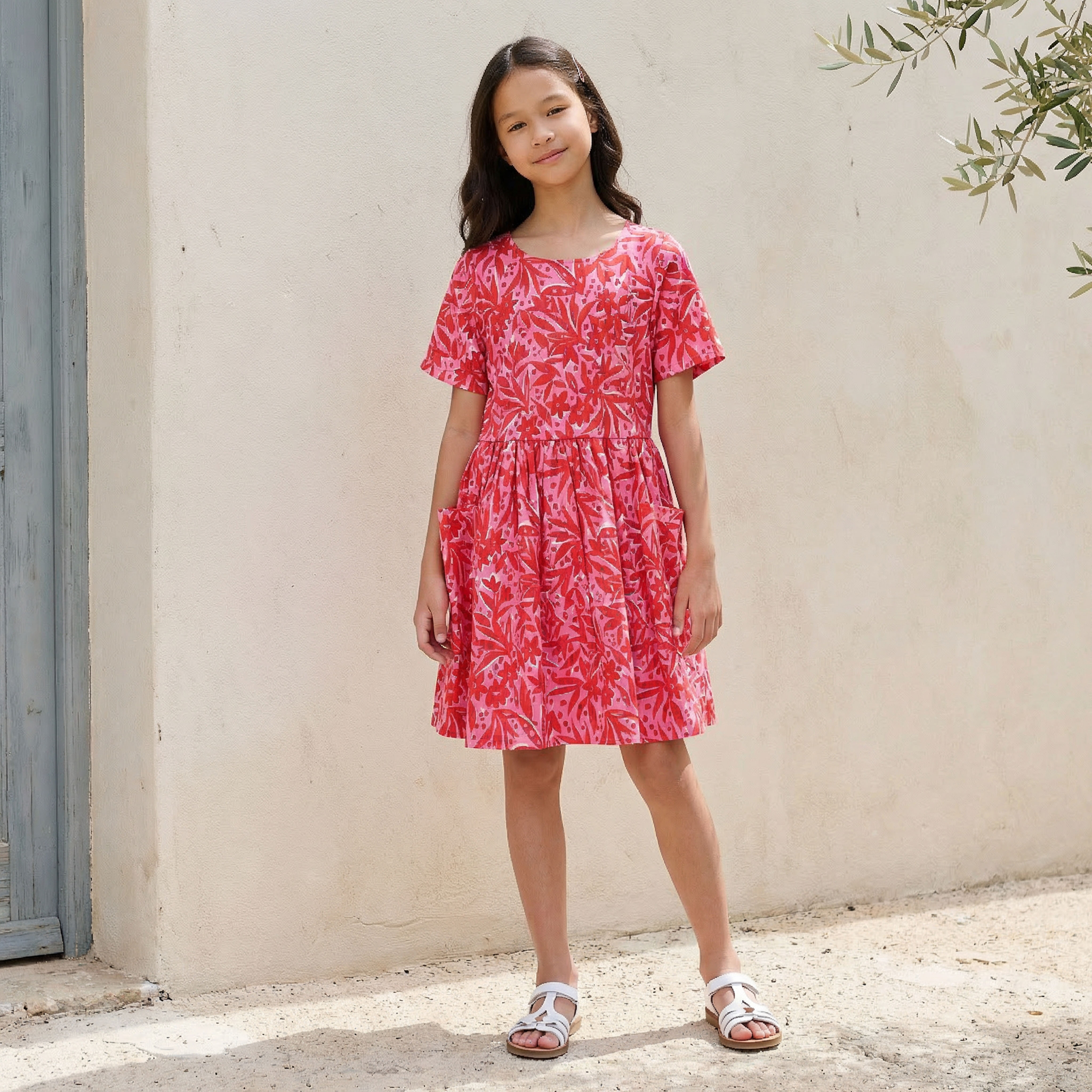 Juniors Round Neck Short Sleeves Knee Length A-line Dress with Floral Print-girls-clothing-dressesandjumpsuits-image-1