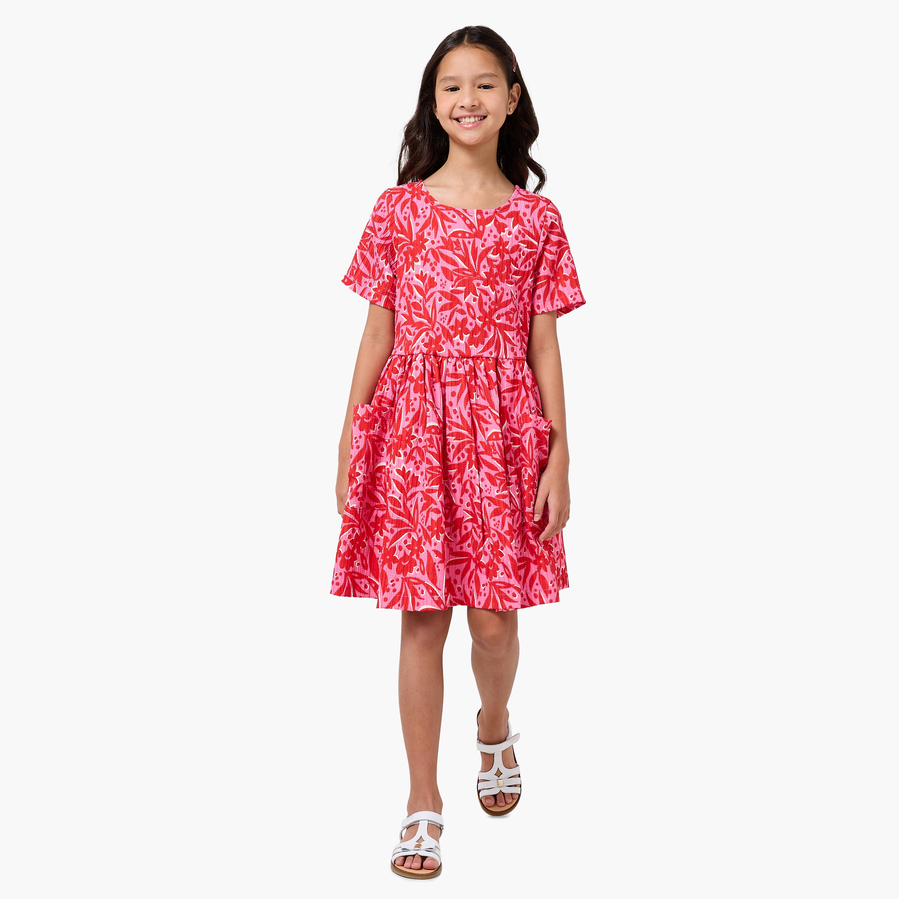Juniors Round Neck Short Sleeves Knee Length A-line Dress with Floral Print-girls-clothing-dressesandjumpsuits-image-2