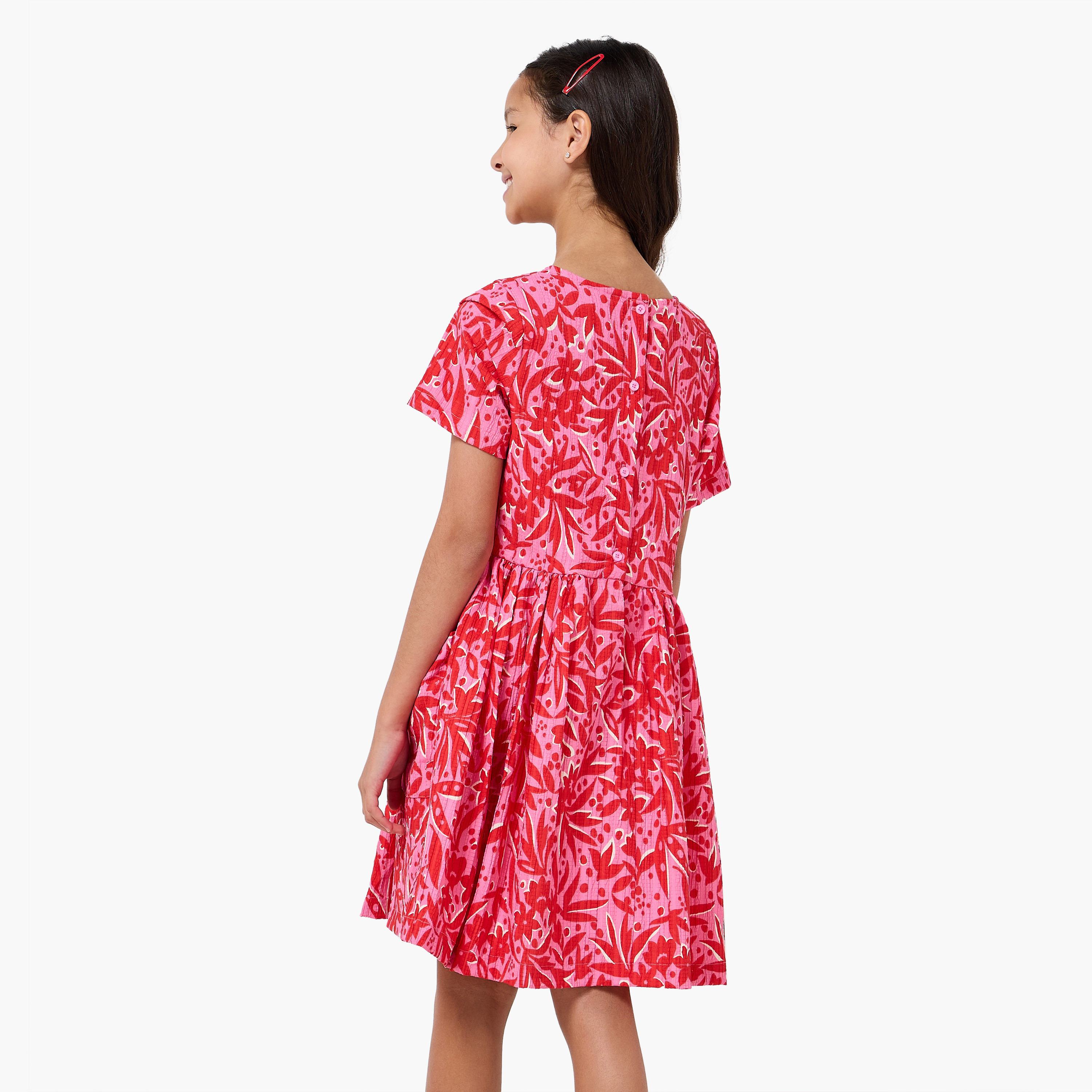 Juniors Round Neck Short Sleeves Knee Length A-line Dress with Floral Print-girls-clothing-dressesandjumpsuits-image-3