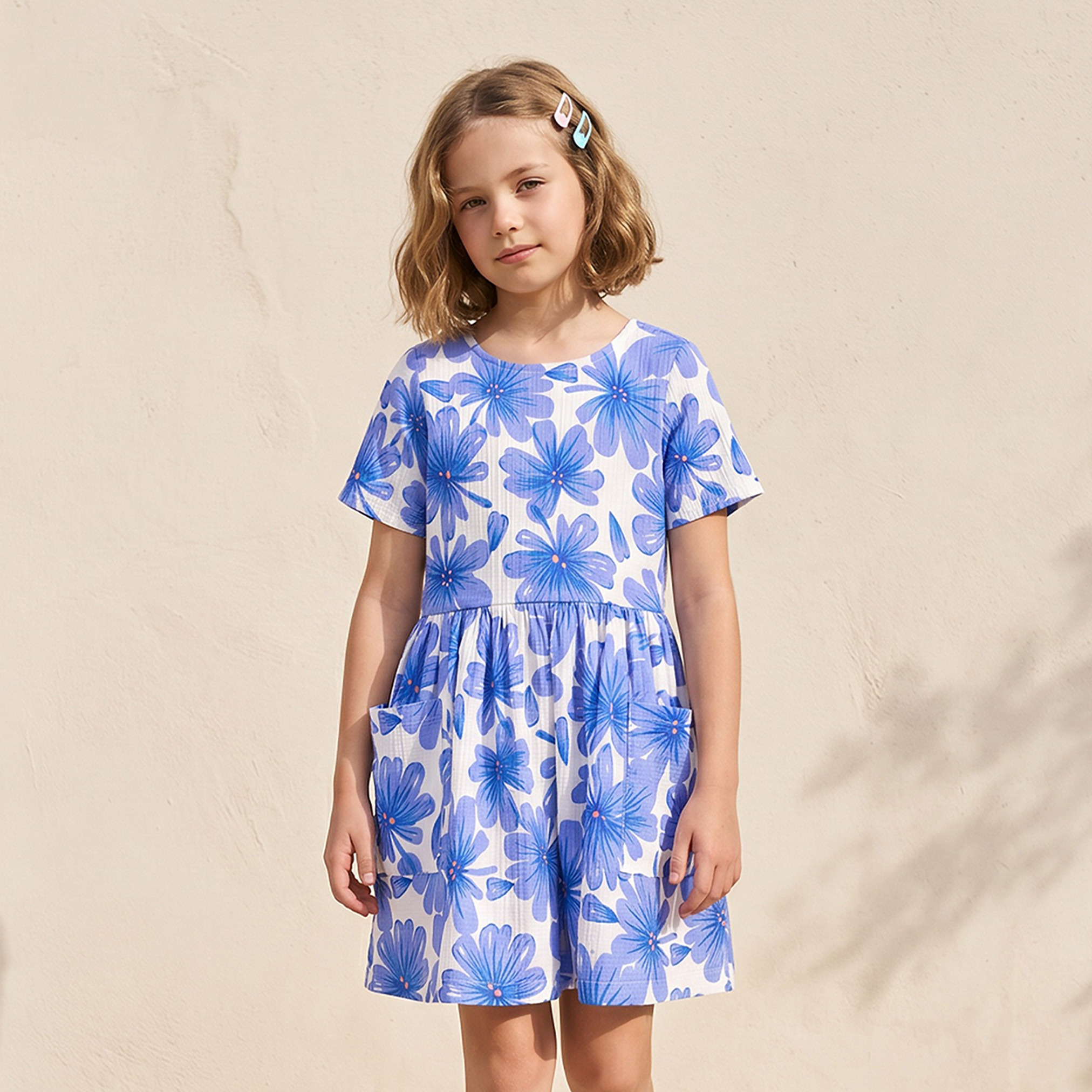 Juniors Round Neck Short Sleeves Knee Length A-line Dress with Floral Print-girls-clothing-dressesandjumpsuits-image-1