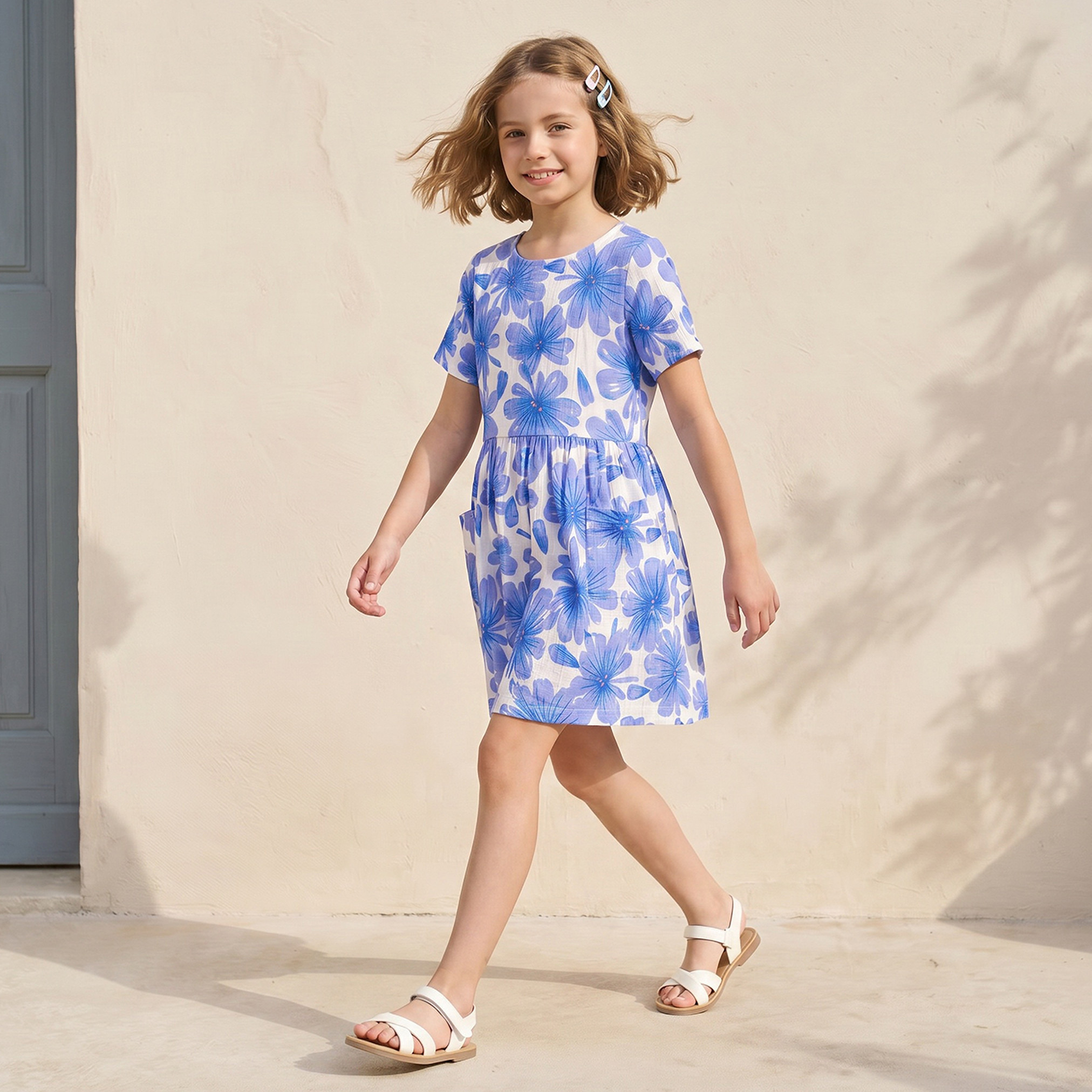 Juniors Round Neck Short Sleeves Knee Length A-line Dress with Floral Print-girls-clothing-dressesandjumpsuits-image-2