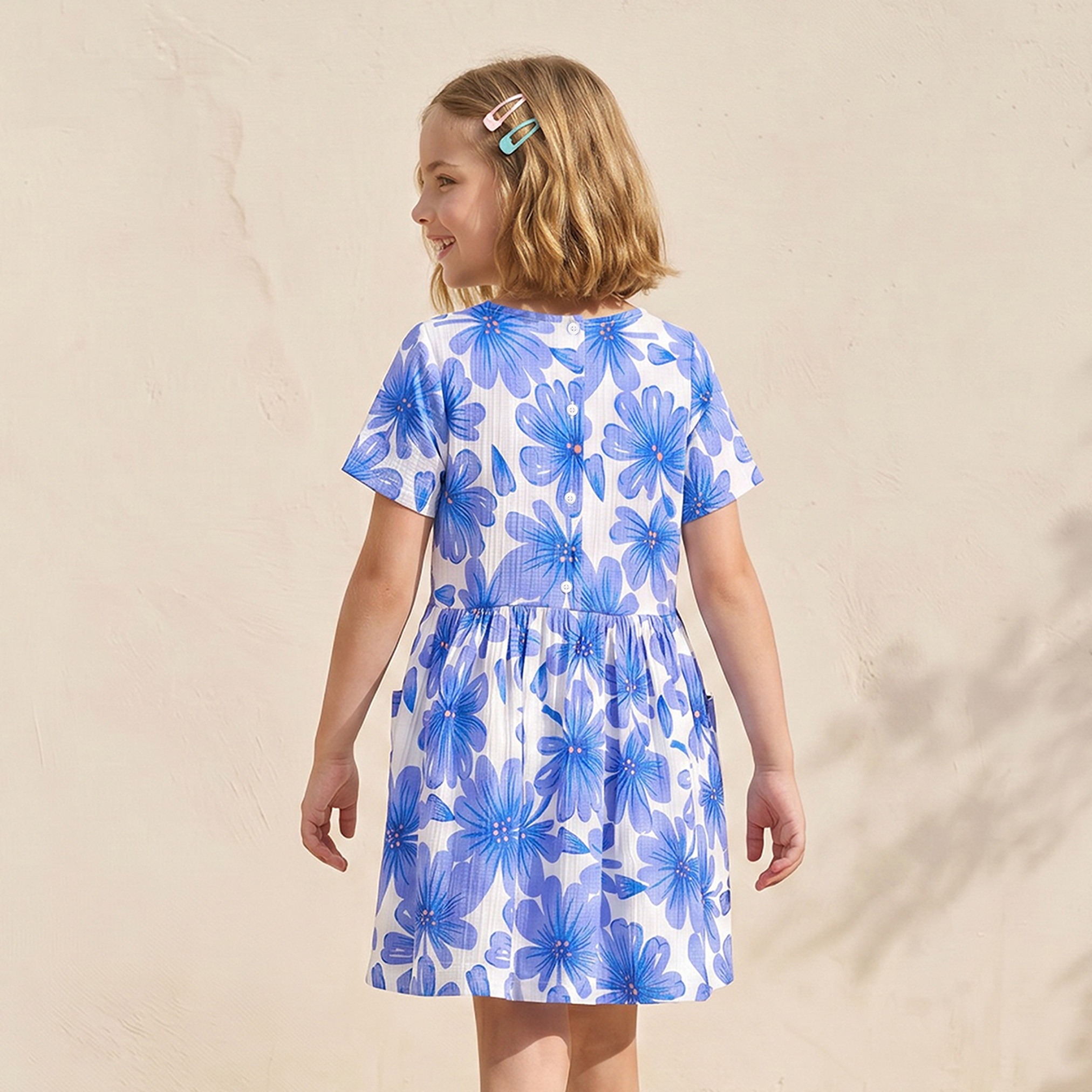 Juniors Round Neck Short Sleeves Knee Length A-line Dress with Floral Print-girls-clothing-dressesandjumpsuits-image-3