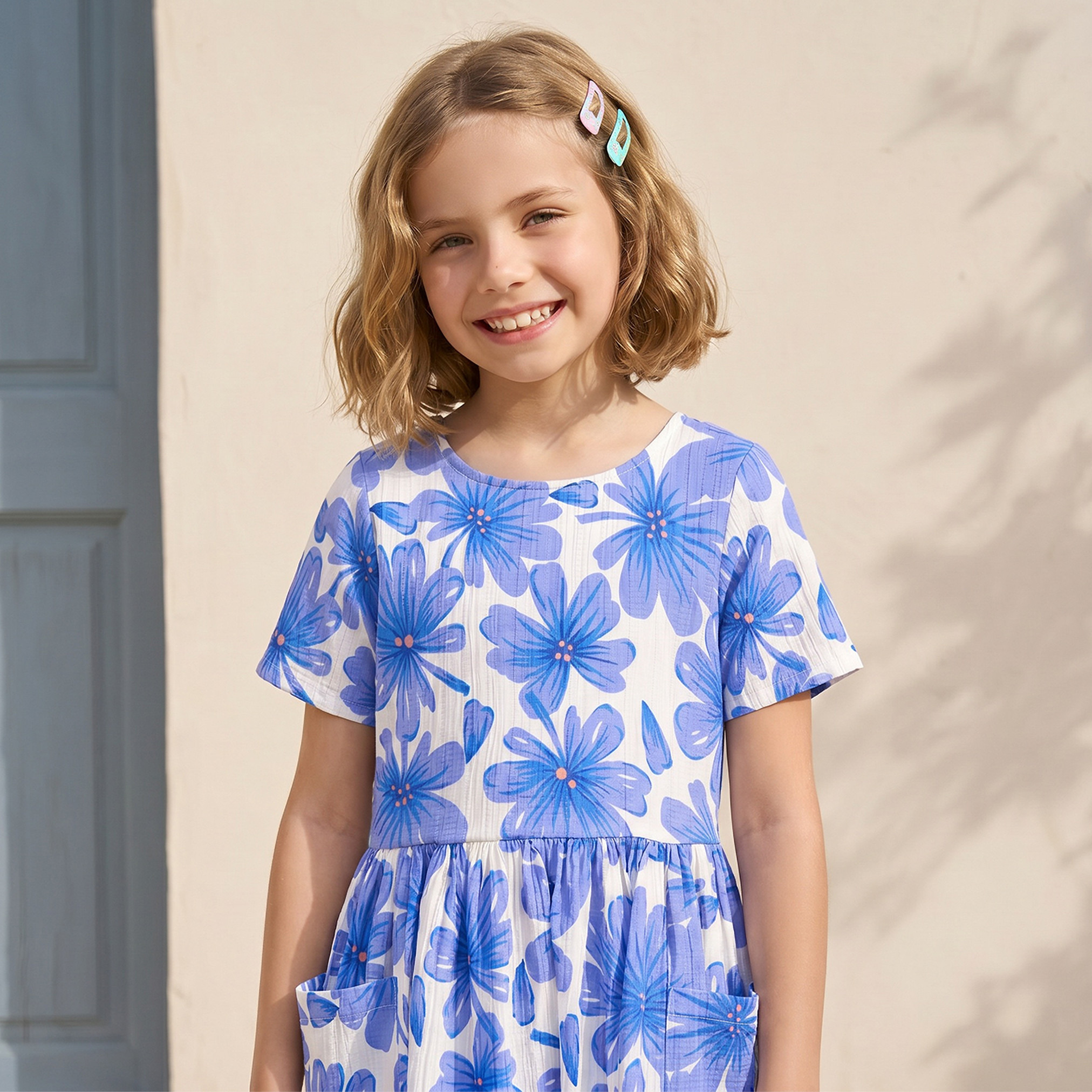 Juniors Round Neck Short Sleeves Knee Length A-line Dress with Floral Print-girls-clothing-dressesandjumpsuits-image-5