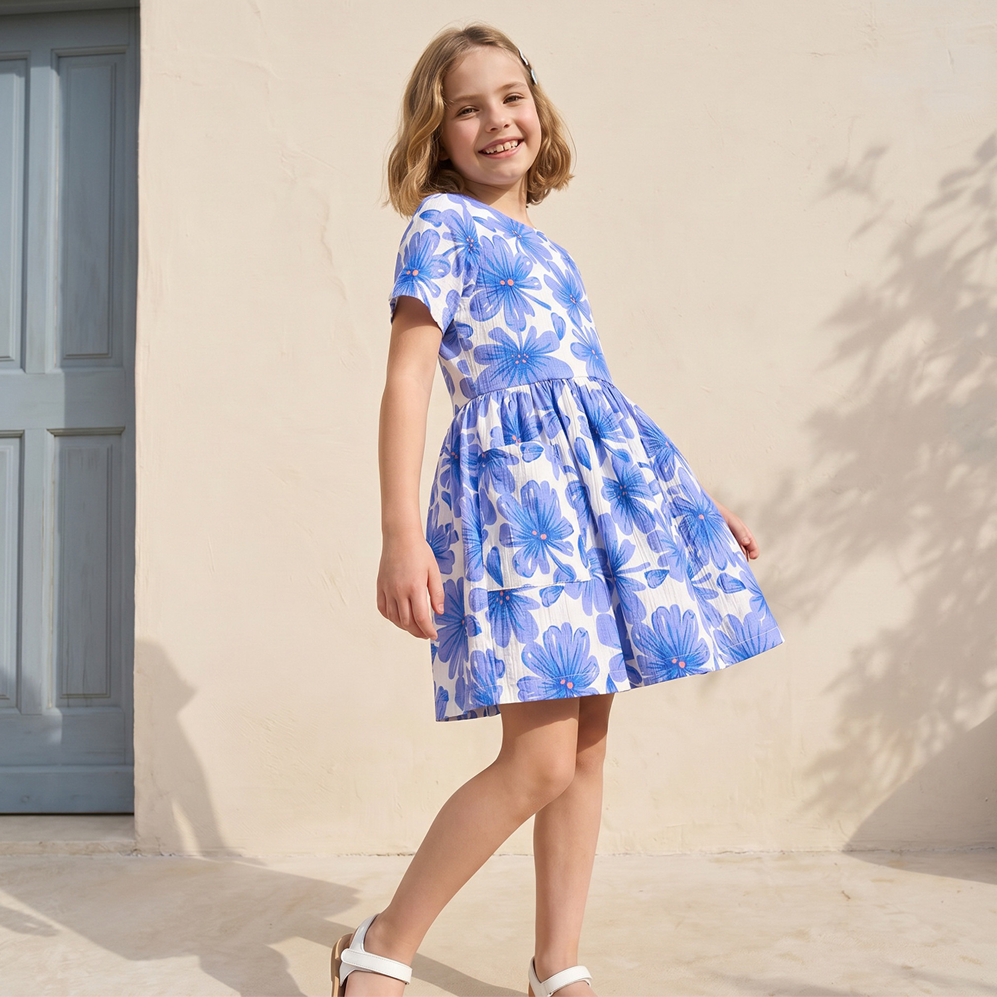 Juniors Round Neck Short Sleeves Knee Length A-line Dress with Floral Print-girls-clothing-dressesandjumpsuits-image-6