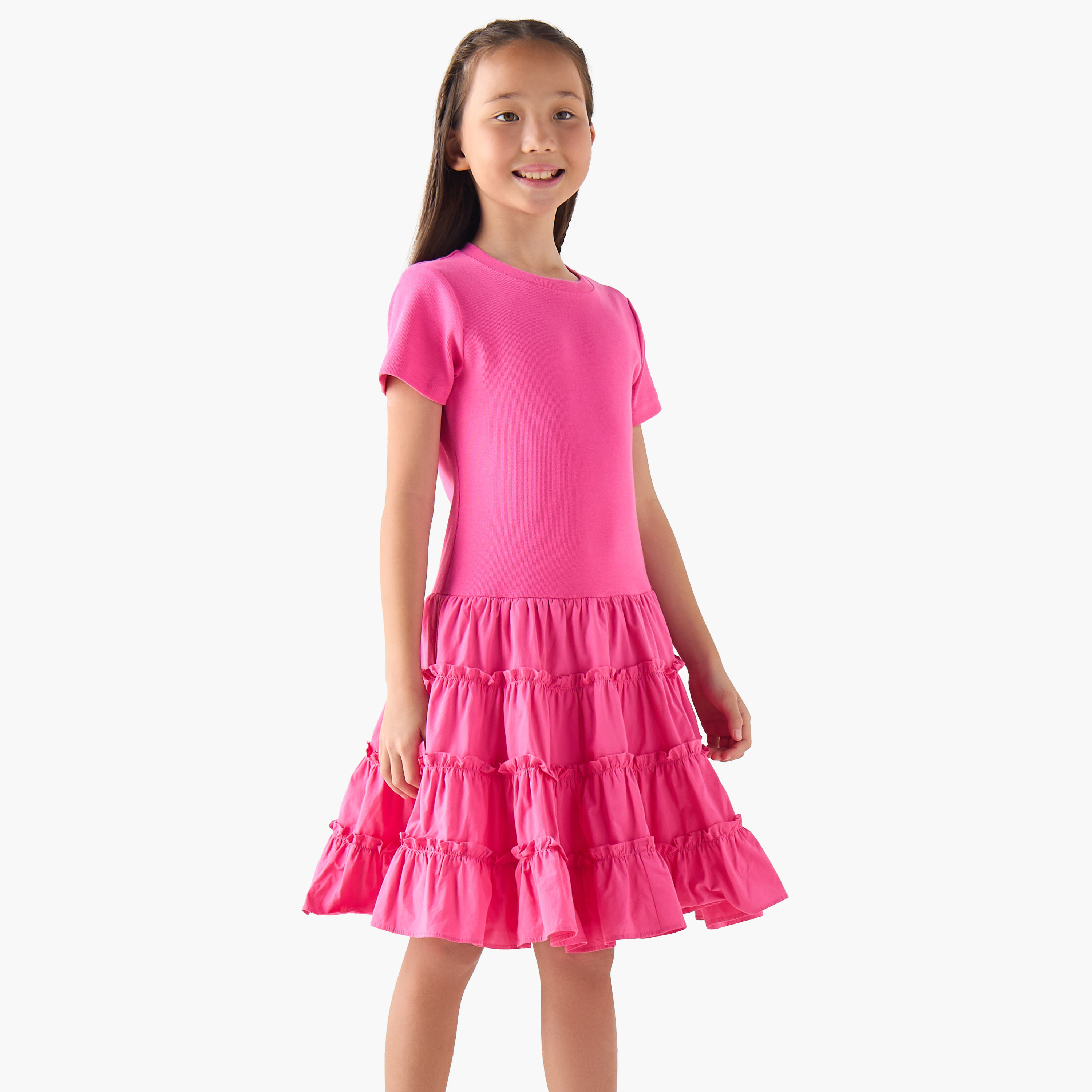 Juniors Round Neck Short Sleeves A-line Dress with Ruffle Detail-girls-clothing-dressesandjumpsuits-image-1