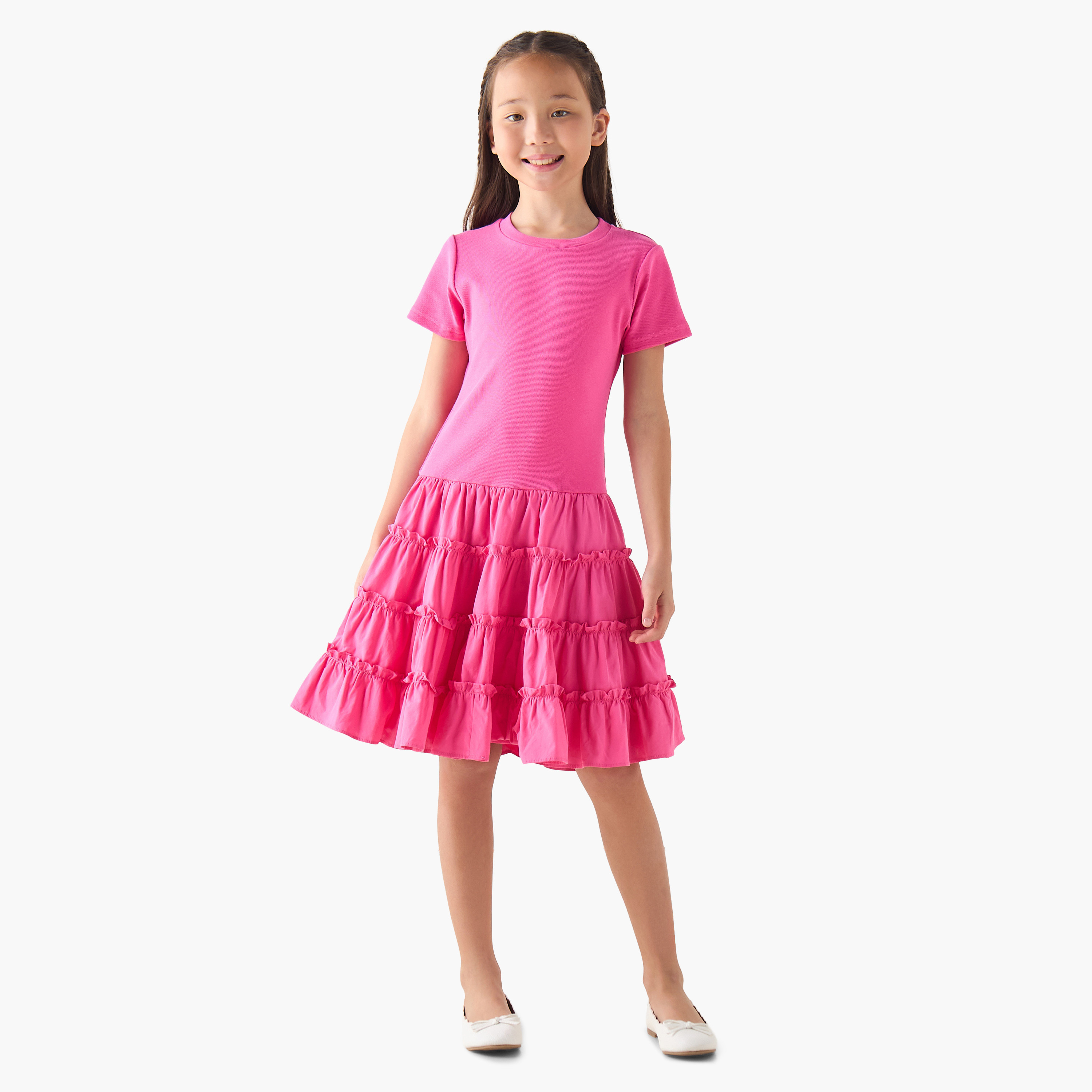 Juniors Round Neck Short Sleeves A-line Dress with Ruffle Detail-girls-clothing-dressesandjumpsuits-image-2