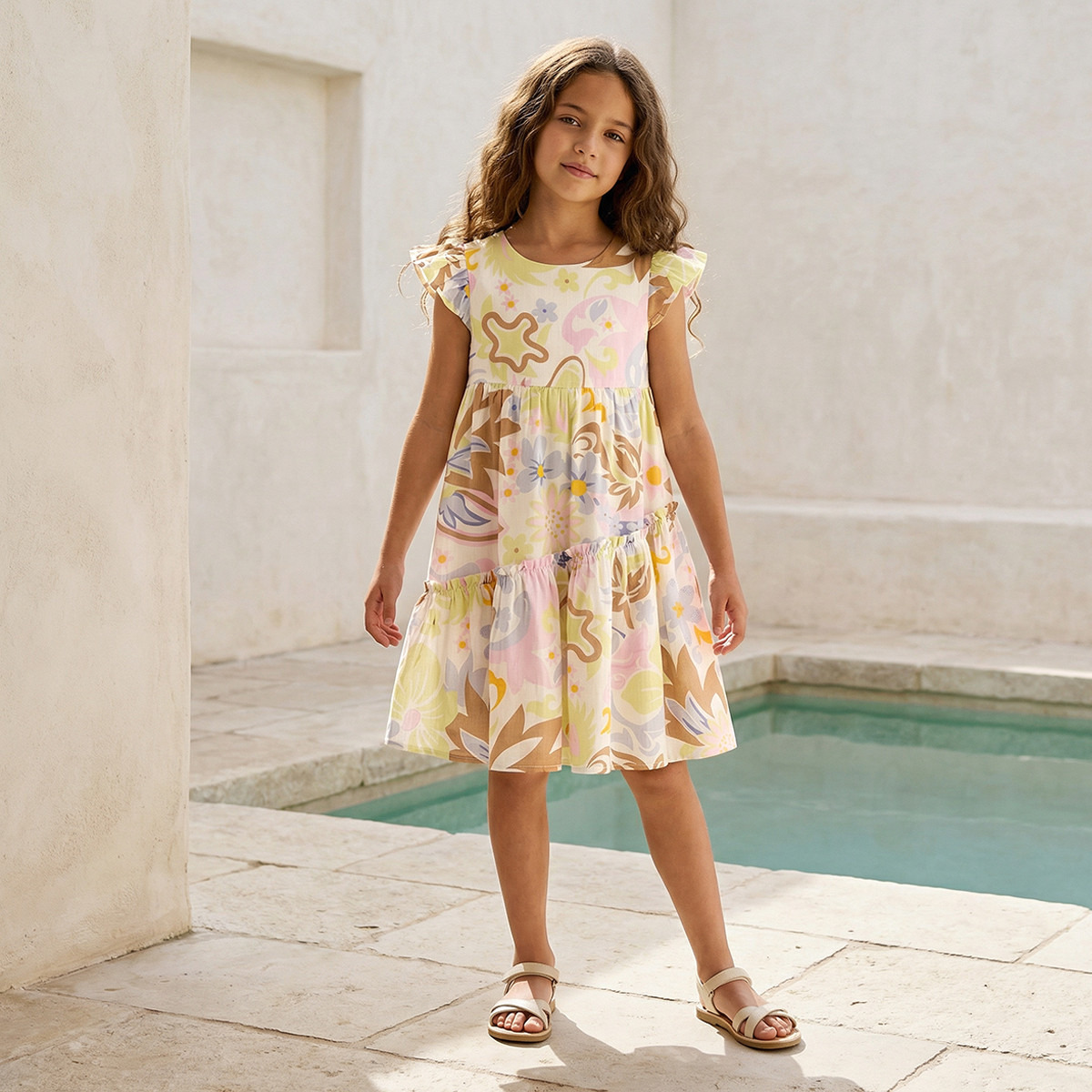 Juniors Round Neck Sleeveless Knee Length A-line Dress with Floral Print-girls-clothing-dressesandjumpsuits-image-1