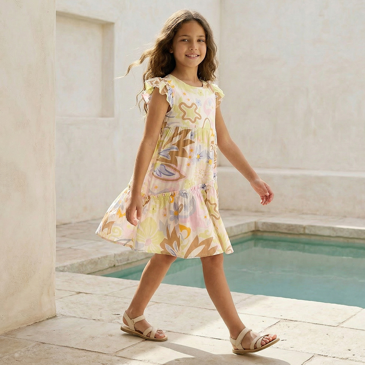 Juniors Round Neck Sleeveless Knee Length A-line Dress with Floral Print-girls-clothing-dressesandjumpsuits-image-5