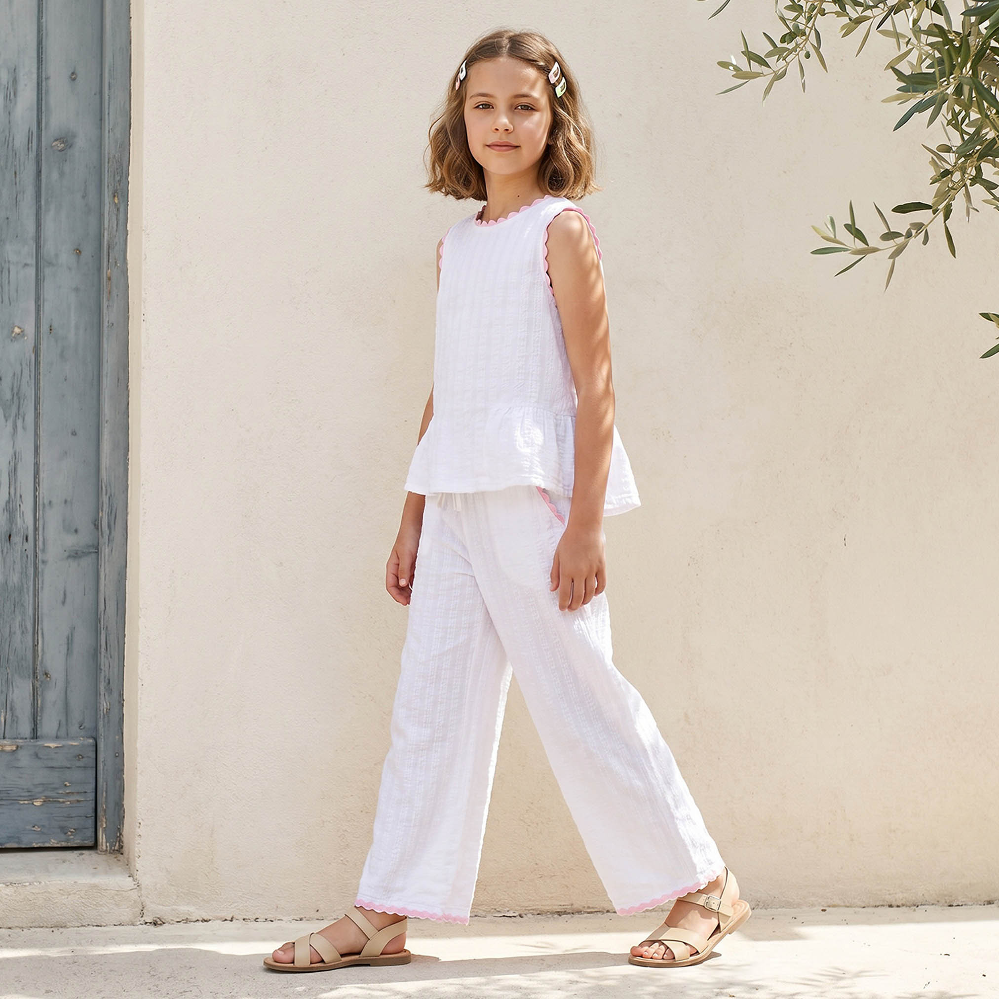 Juniors Round Neck Sleeveless Peplum Top and Pants Set with Textured Design-girls-clothing-setsandcoords-image-1