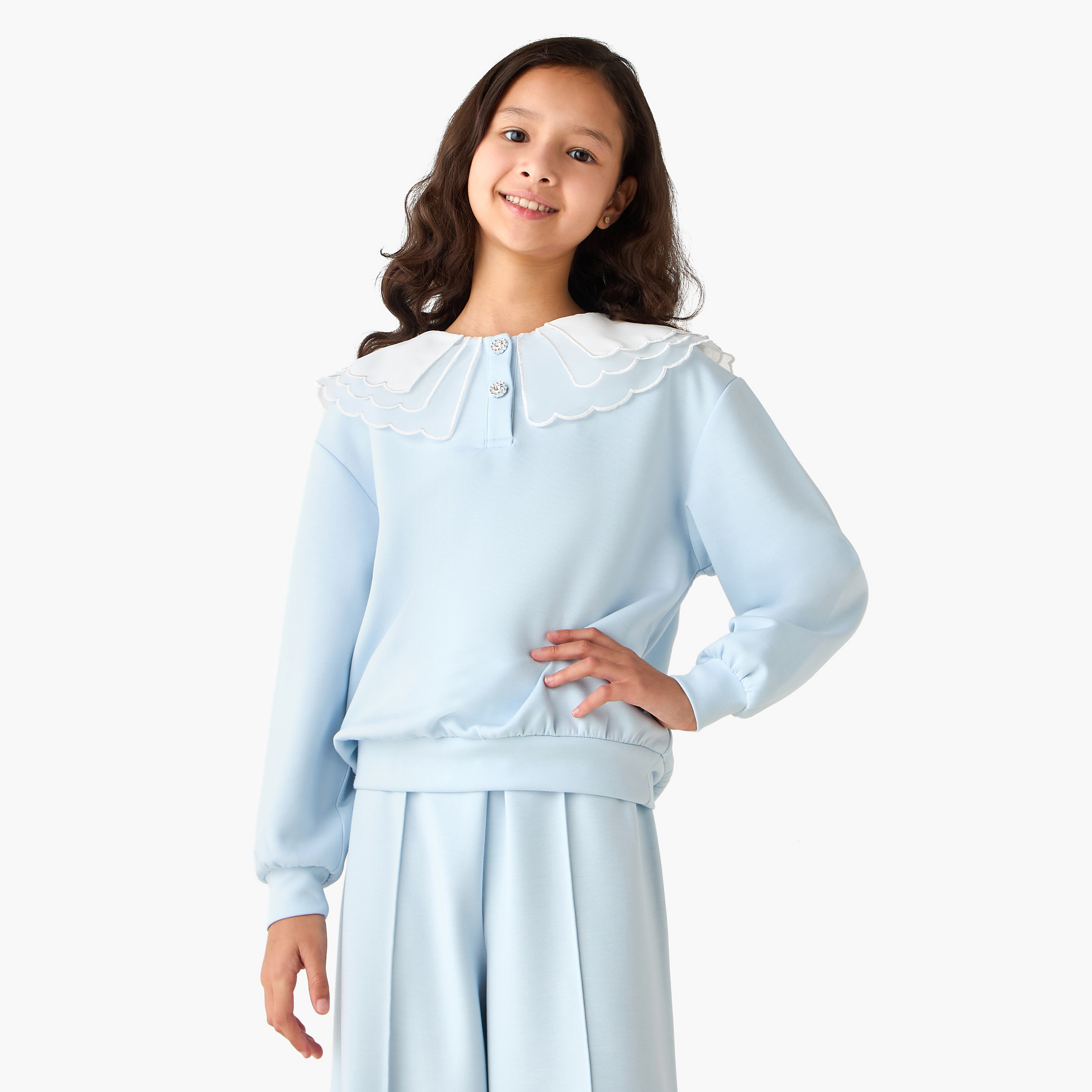 Juniors Collared Long Sleeves Sweatshirt and Wide Leg Pants-girls-clothing-setsandcoords-image-2