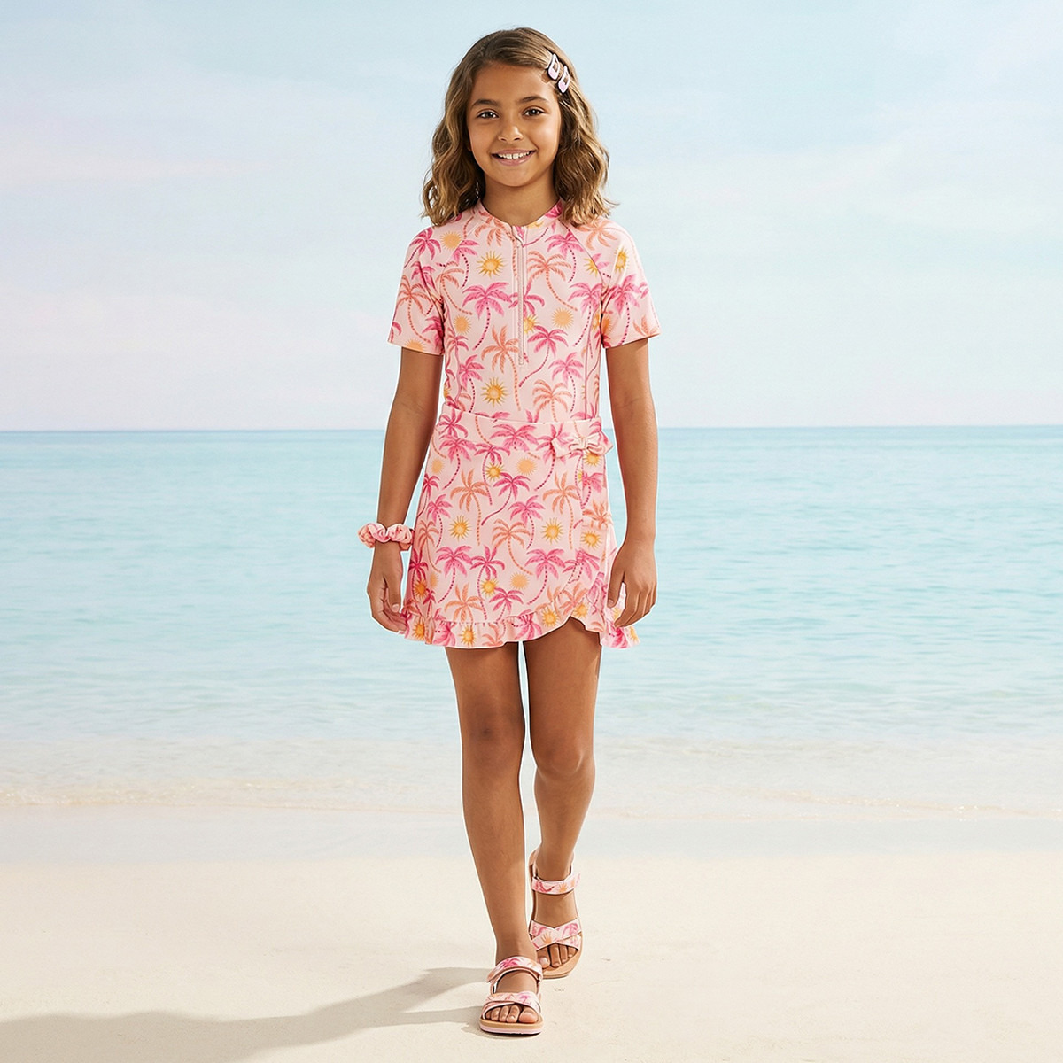 Set of 3 Juniors Girls Palm Print Swimsuit with Skirt and Scrunchie-sports-girls-clothing-swimwear-image-1