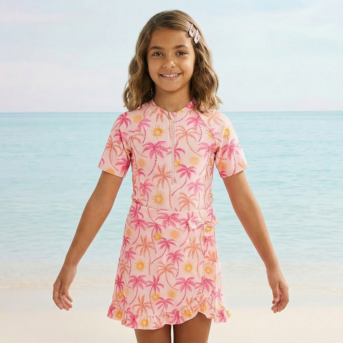 Set of 3 Juniors Girls Palm Print Swimsuit with Skirt and Scrunchie-sports-girls-clothing-swimwear-image-2