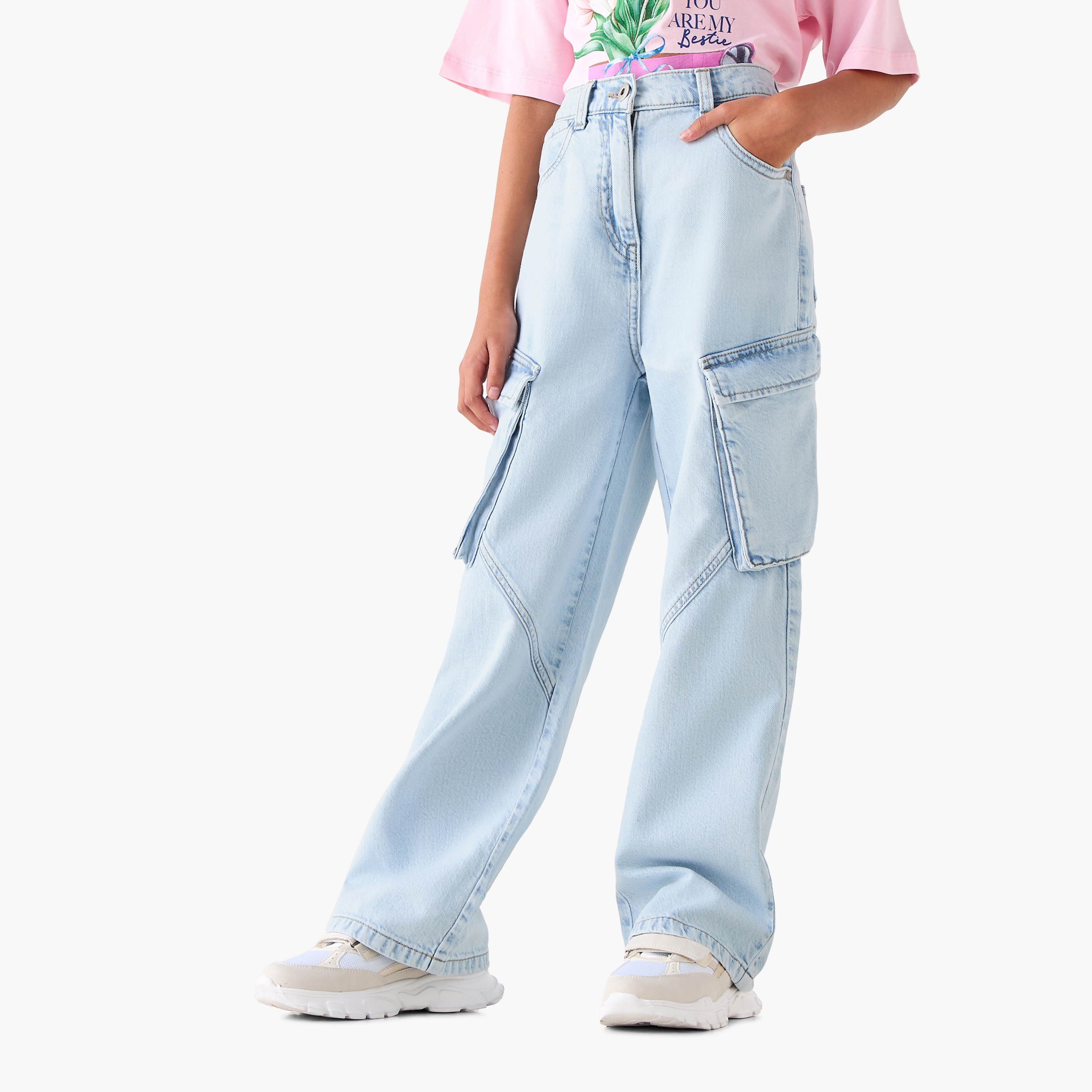 Juniors Wide Leg Cargo Jeans with Buttoned Waist-girls-clothing-bottoms-jeansandjeggings-image-1