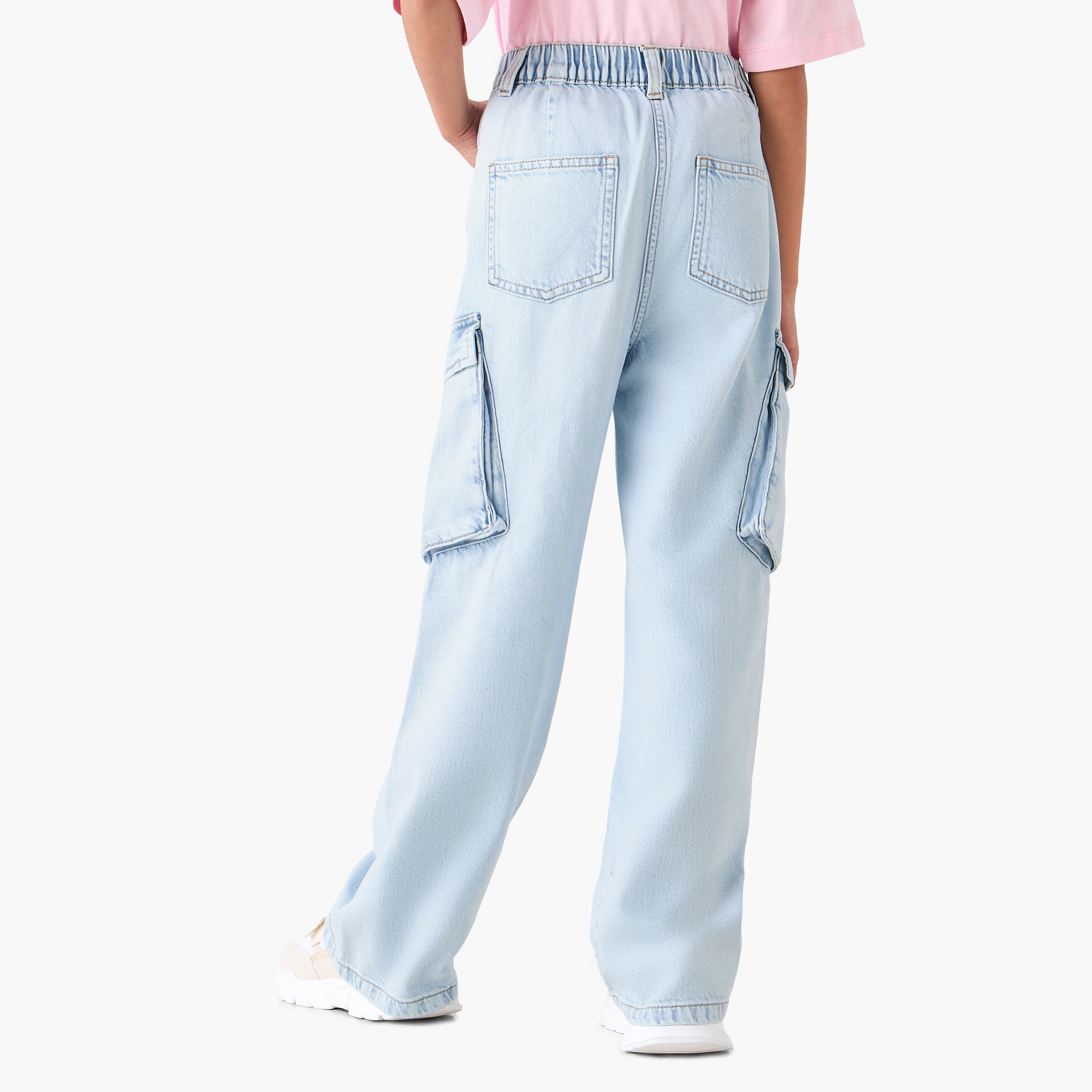 Juniors Wide Leg Cargo Jeans with Buttoned Waist-girls-clothing-bottoms-jeansandjeggings-image-3