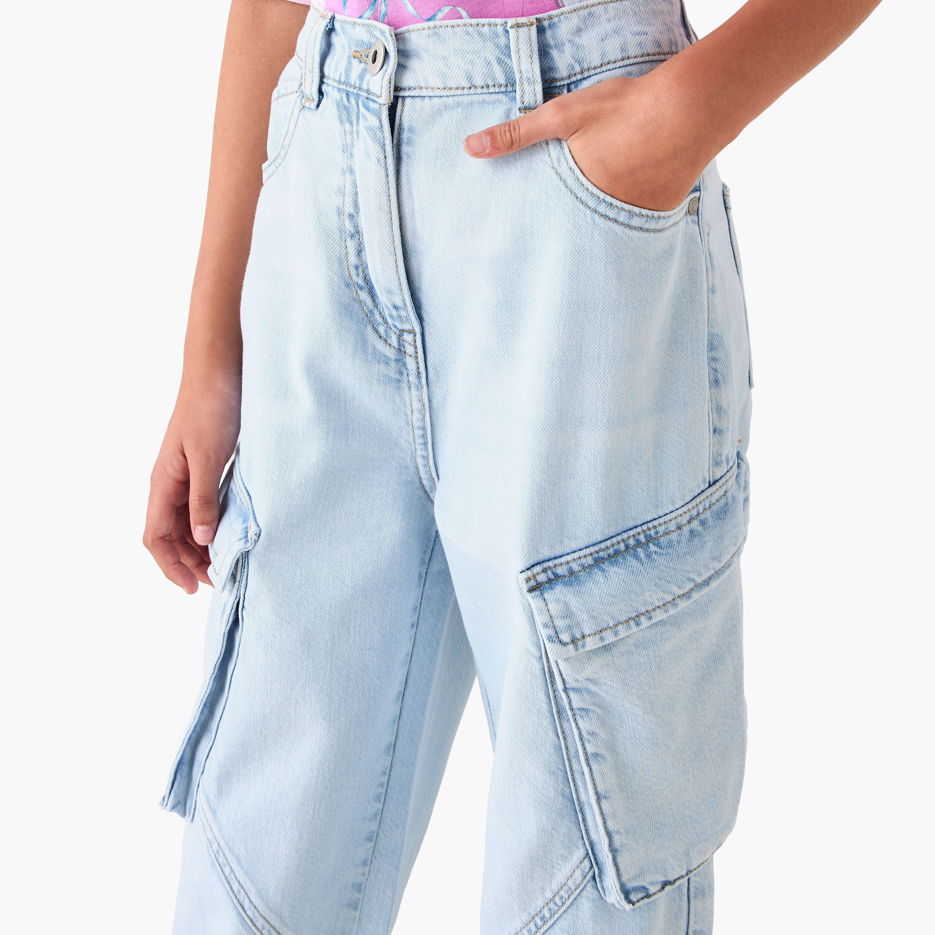Juniors Wide Leg Cargo Jeans with Buttoned Waist-girls-clothing-bottoms-jeansandjeggings-image-4