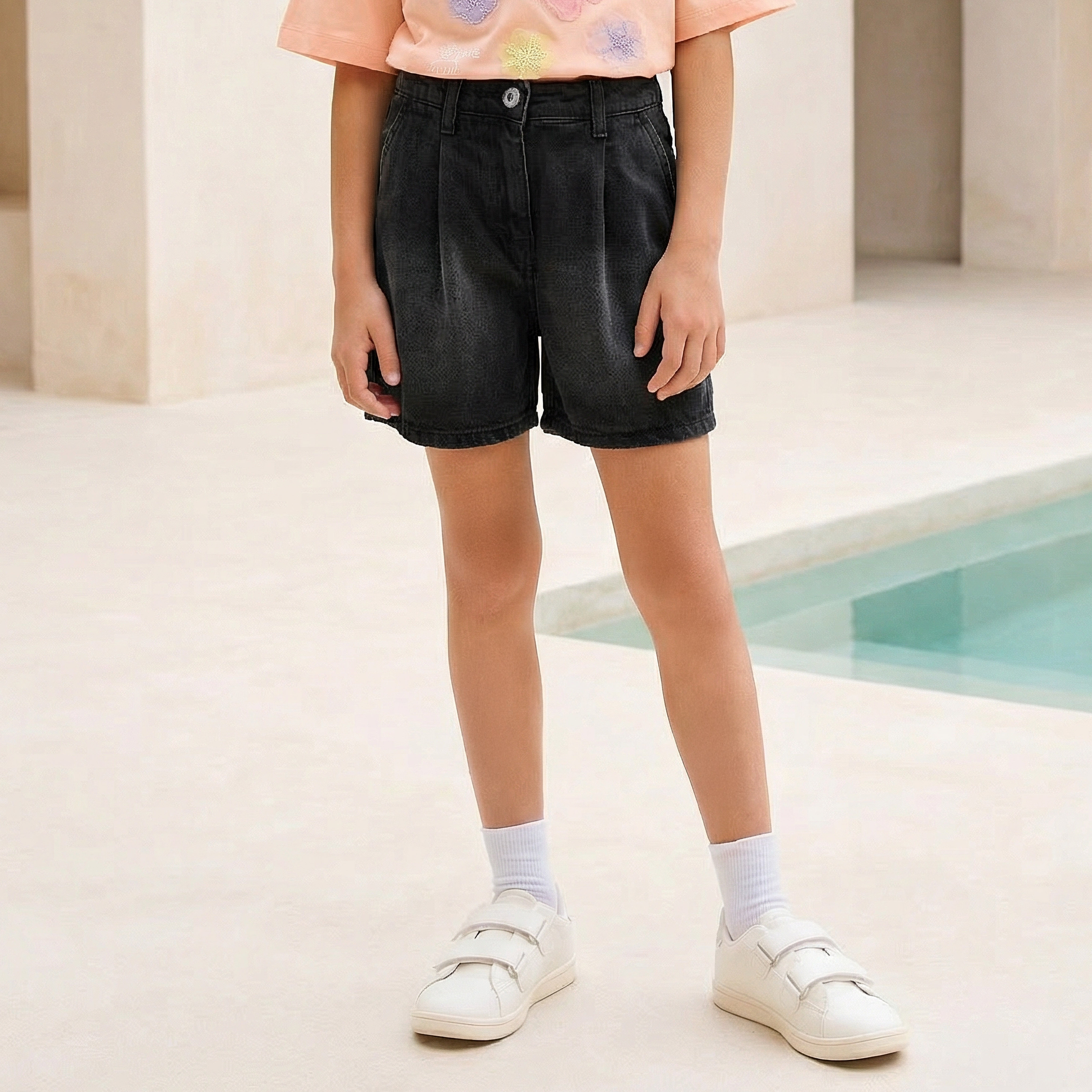 Juniors Buttoned Waist Denim Shorts with Pockets-girls-clothing-bottoms-shorts-image-1