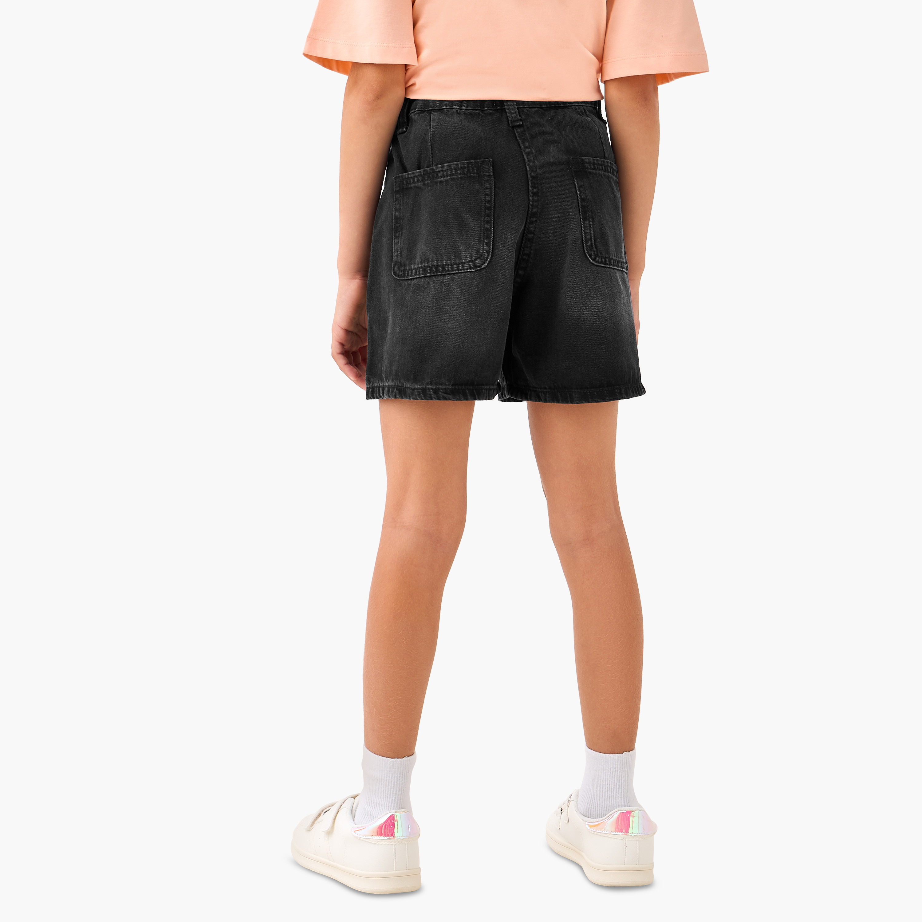 Juniors Buttoned Waist Denim Shorts with Pockets-girls-clothing-bottoms-shorts-image-3