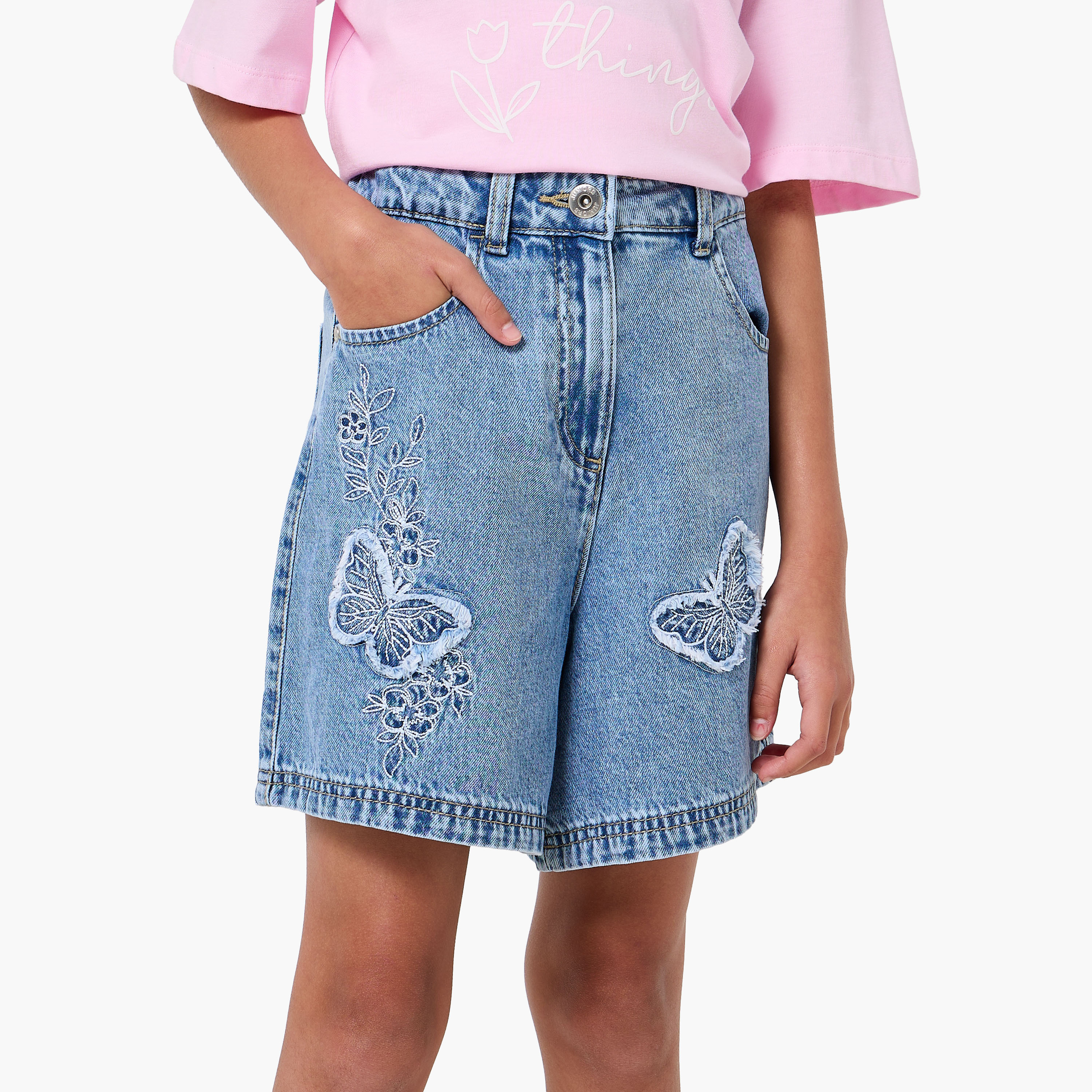 Juniors Knee Length Denim Shorts with Butterfly Embroidery-girls-clothing-bottoms-shorts-image-1