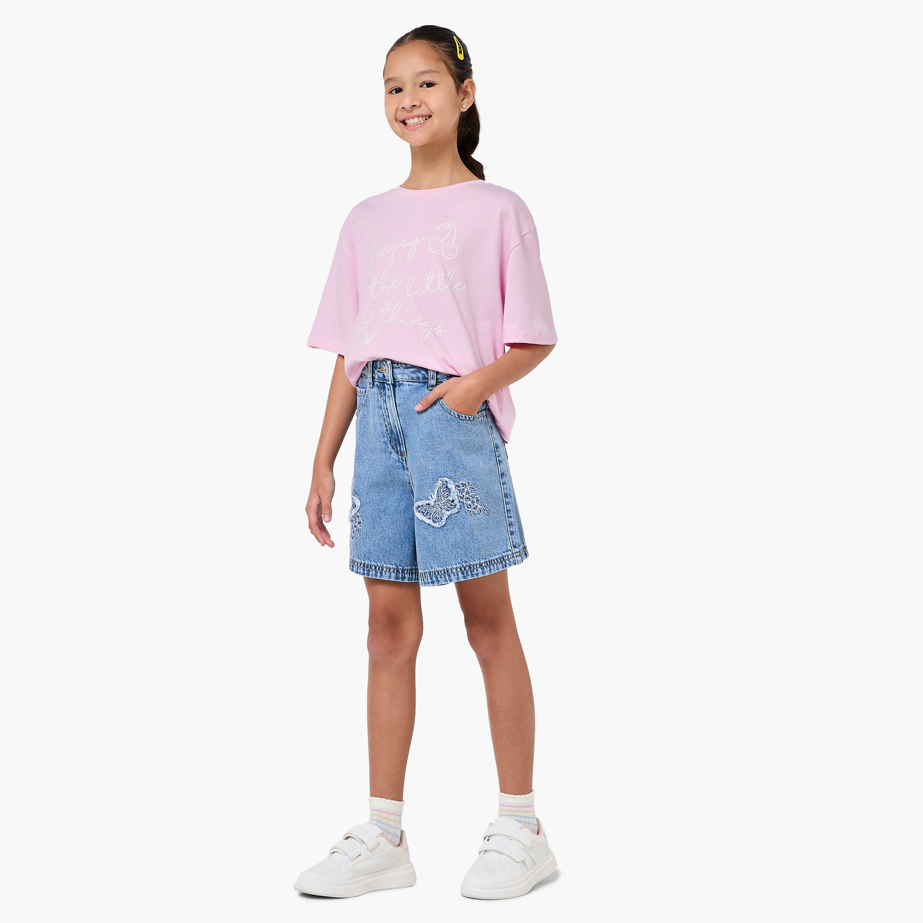 Juniors Knee Length Denim Shorts with Butterfly Embroidery-girls-clothing-bottoms-shorts-image-2
