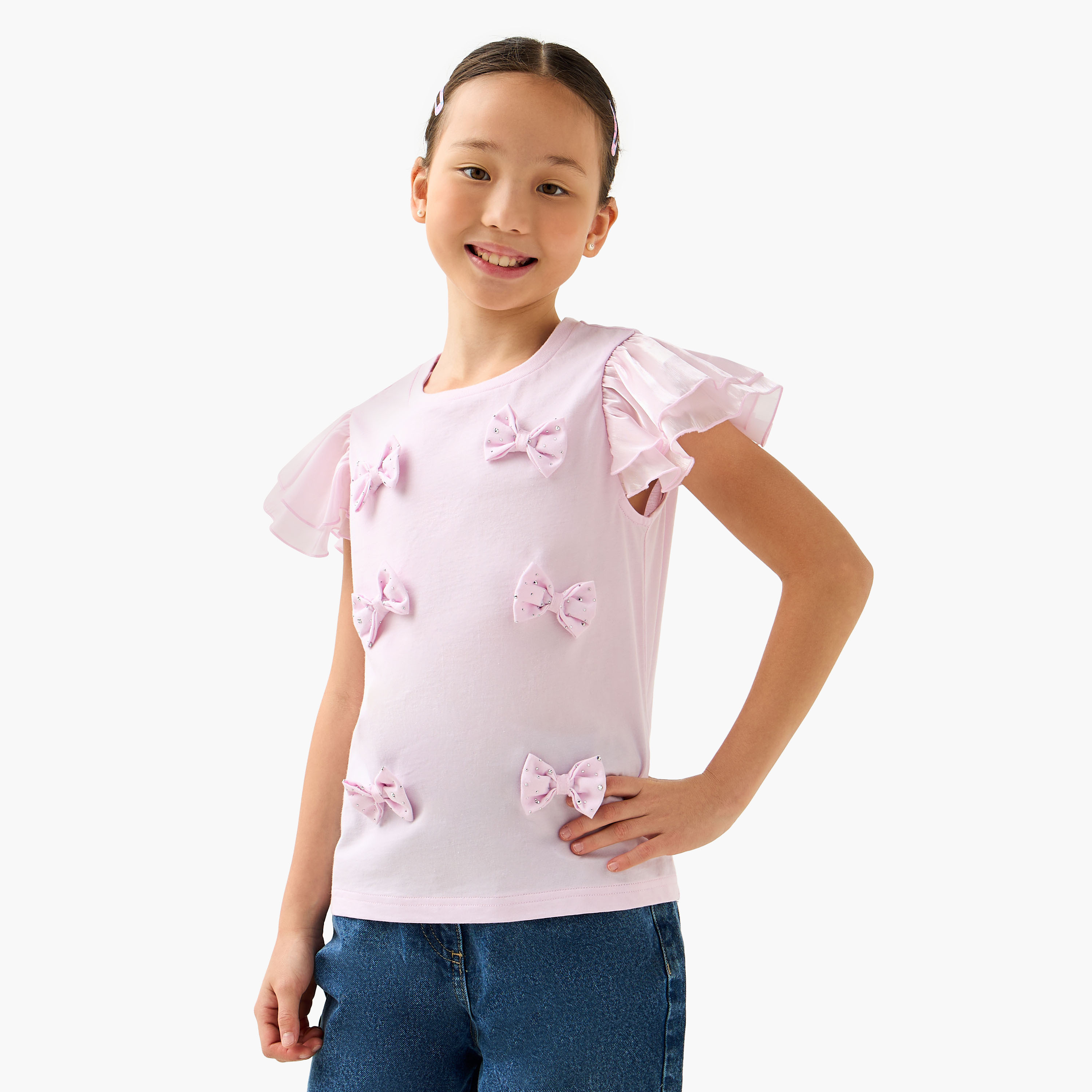 Juniors Crew Neck Ruffle Sleeves T-shirt with Bow Applique-girls-clothing-tshirts-image-1