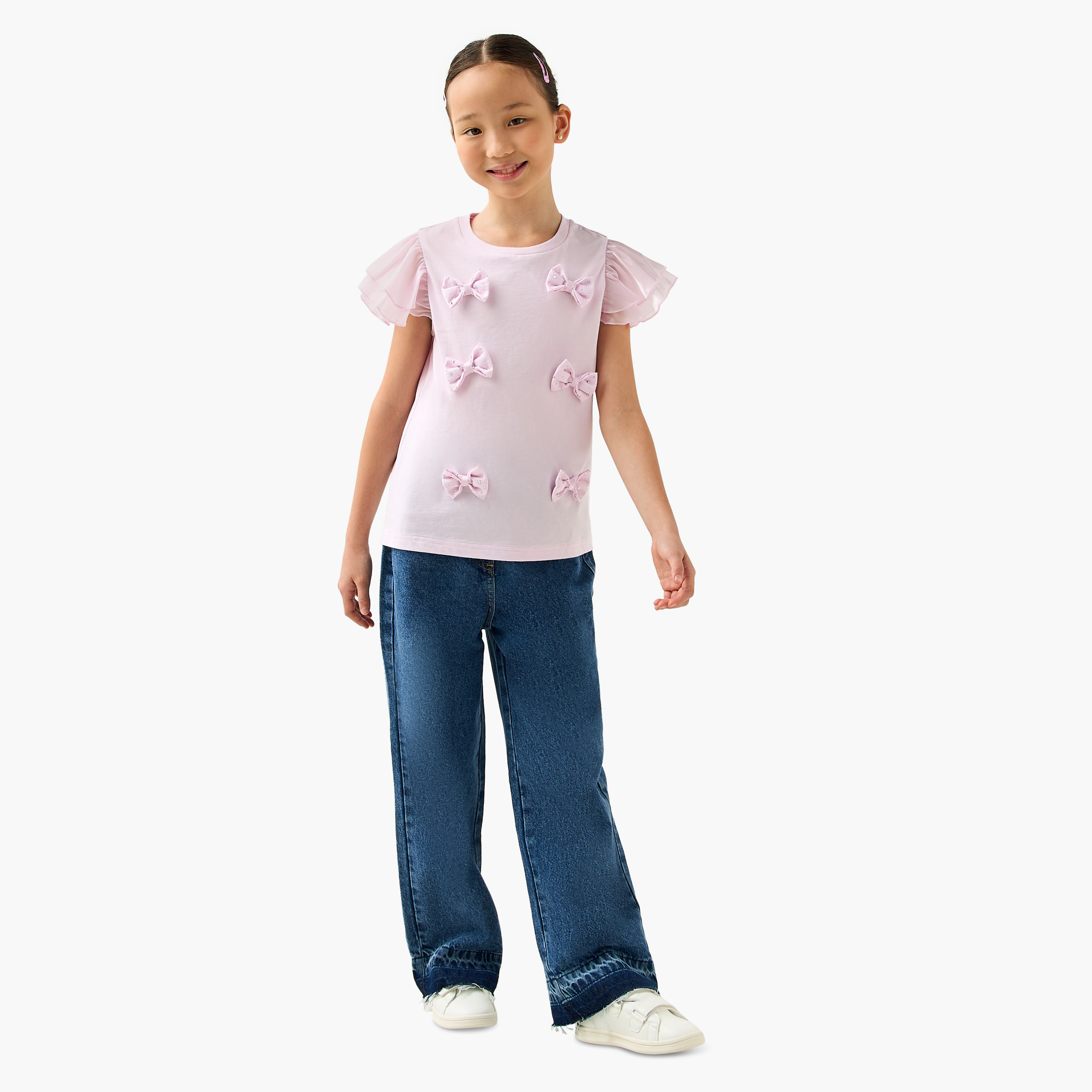 Juniors Crew Neck Ruffle Sleeves T-shirt with Bow Applique-girls-clothing-tshirts-image-2