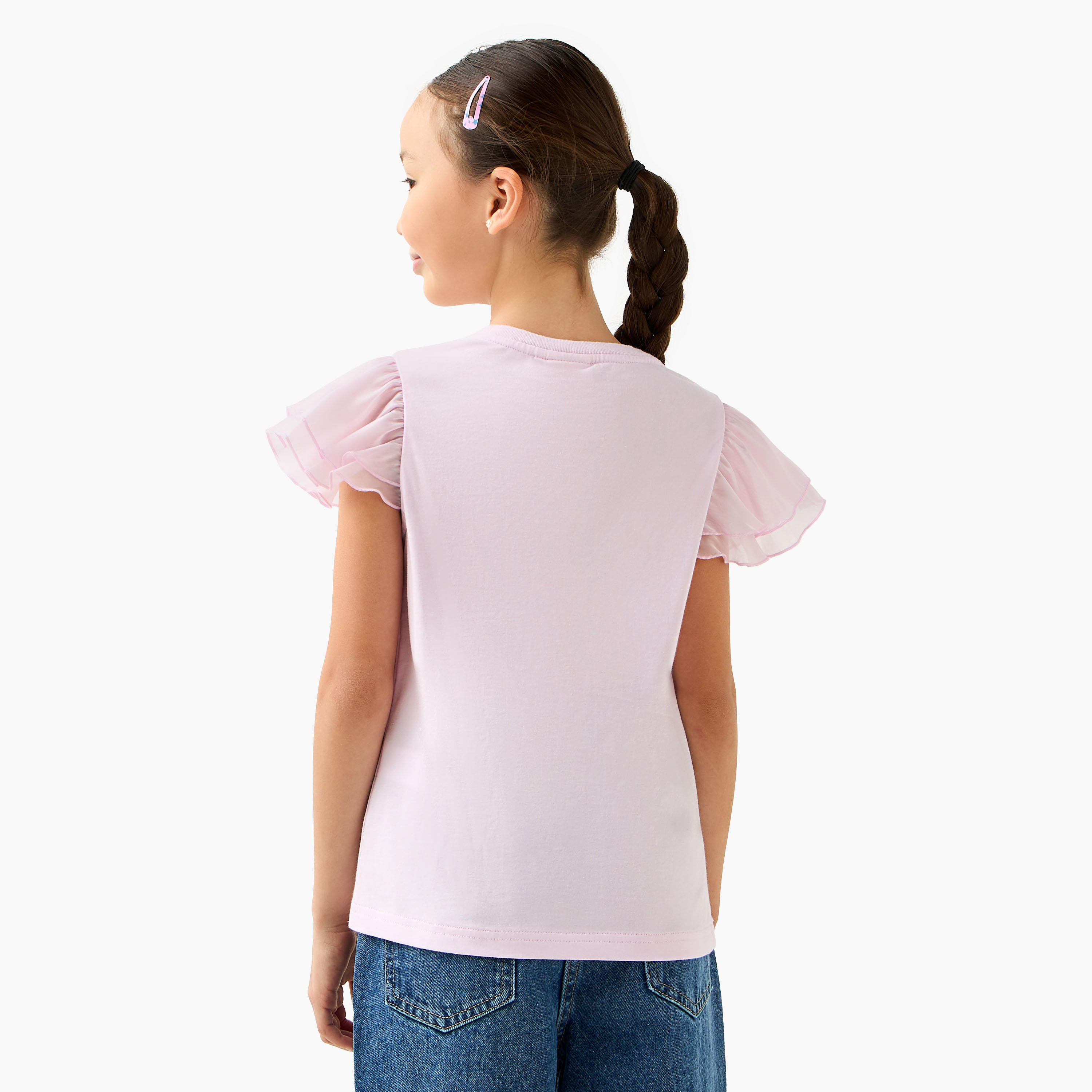 Juniors Crew Neck Ruffle Sleeves T-shirt with Bow Applique-girls-clothing-tshirts-image-3