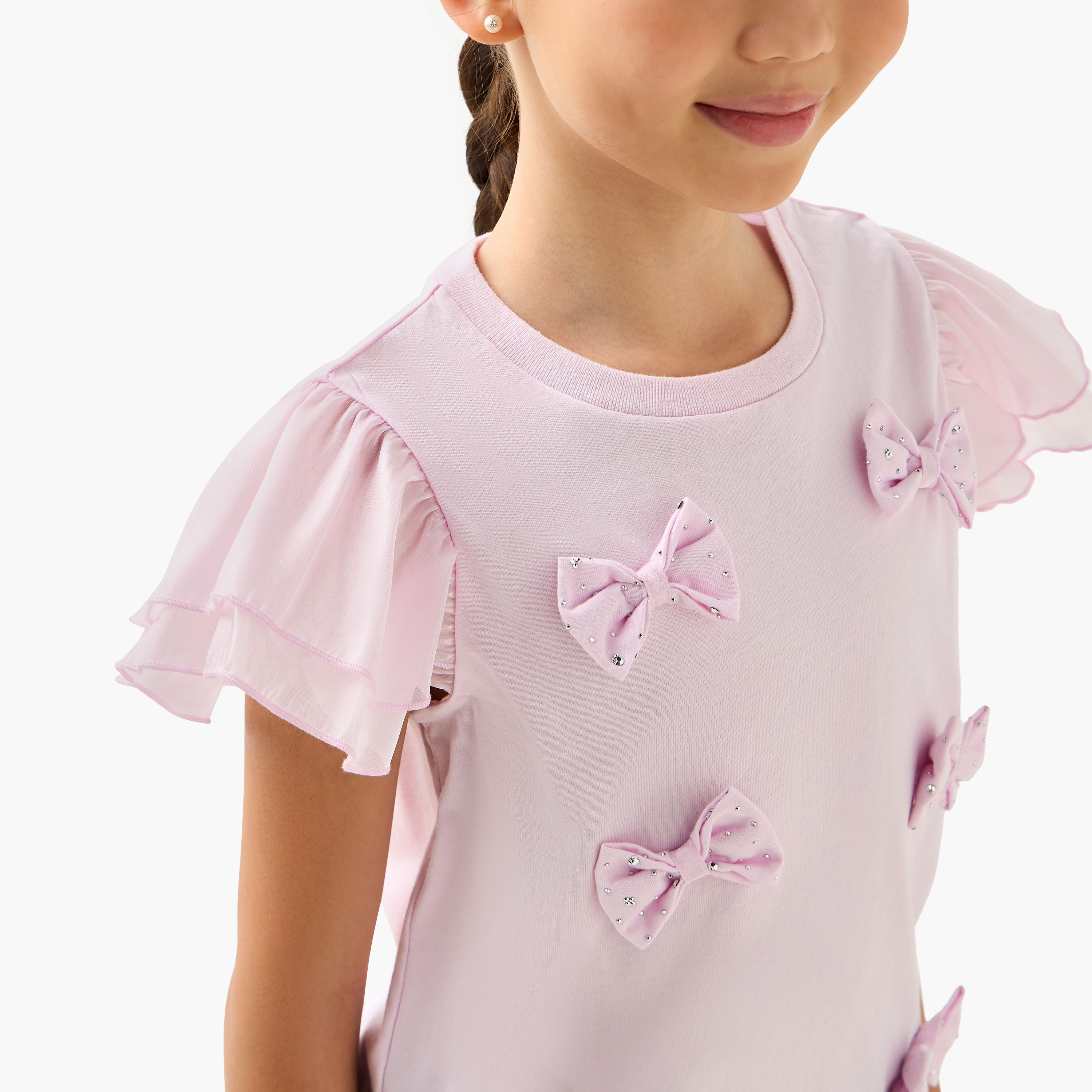 Juniors Crew Neck Ruffle Sleeves T-shirt with Bow Applique-girls-clothing-tshirts-image-4