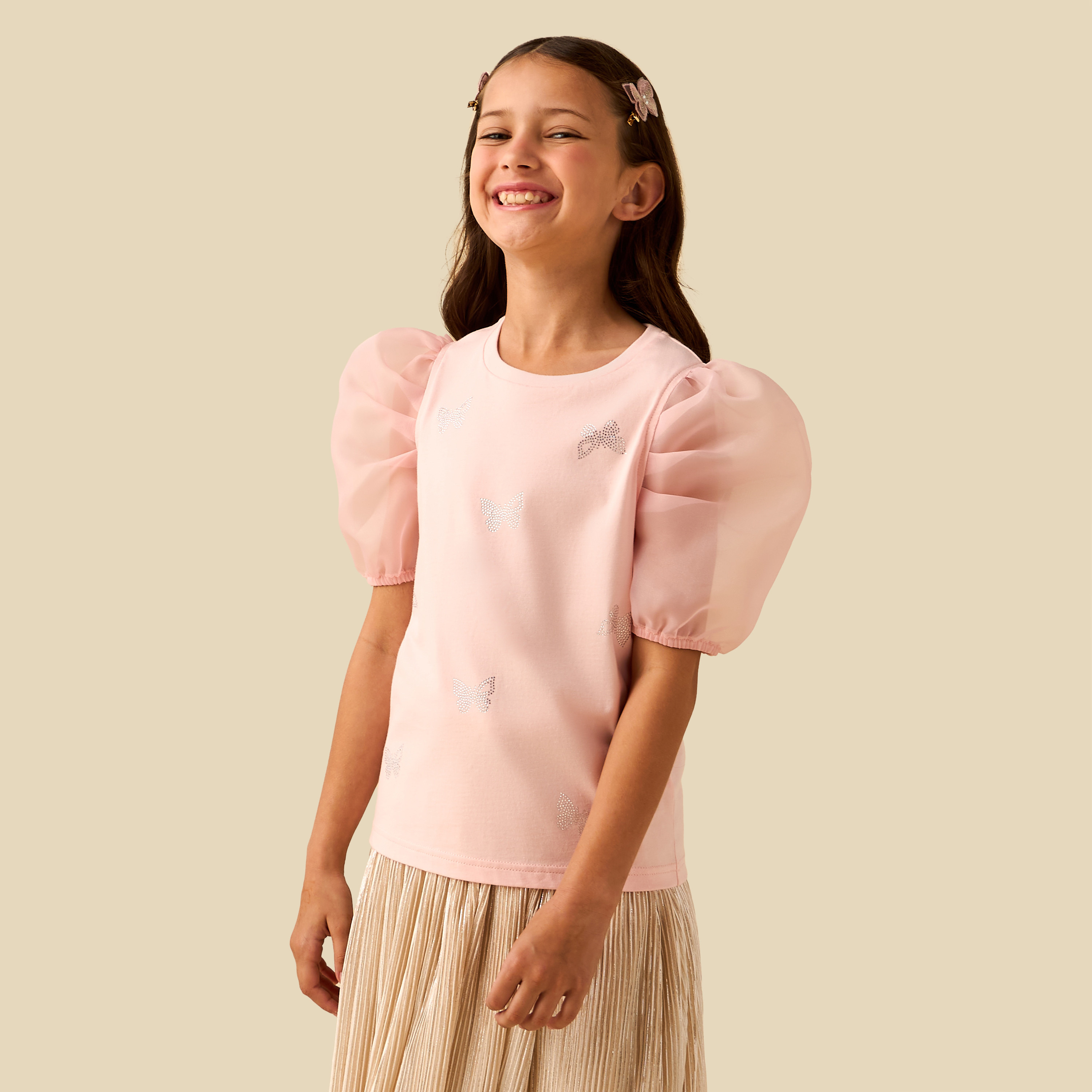 Juniors Round Neck Puff Sleeves T-shirt with Embellishment-girls-clothing-tshirts-image-1