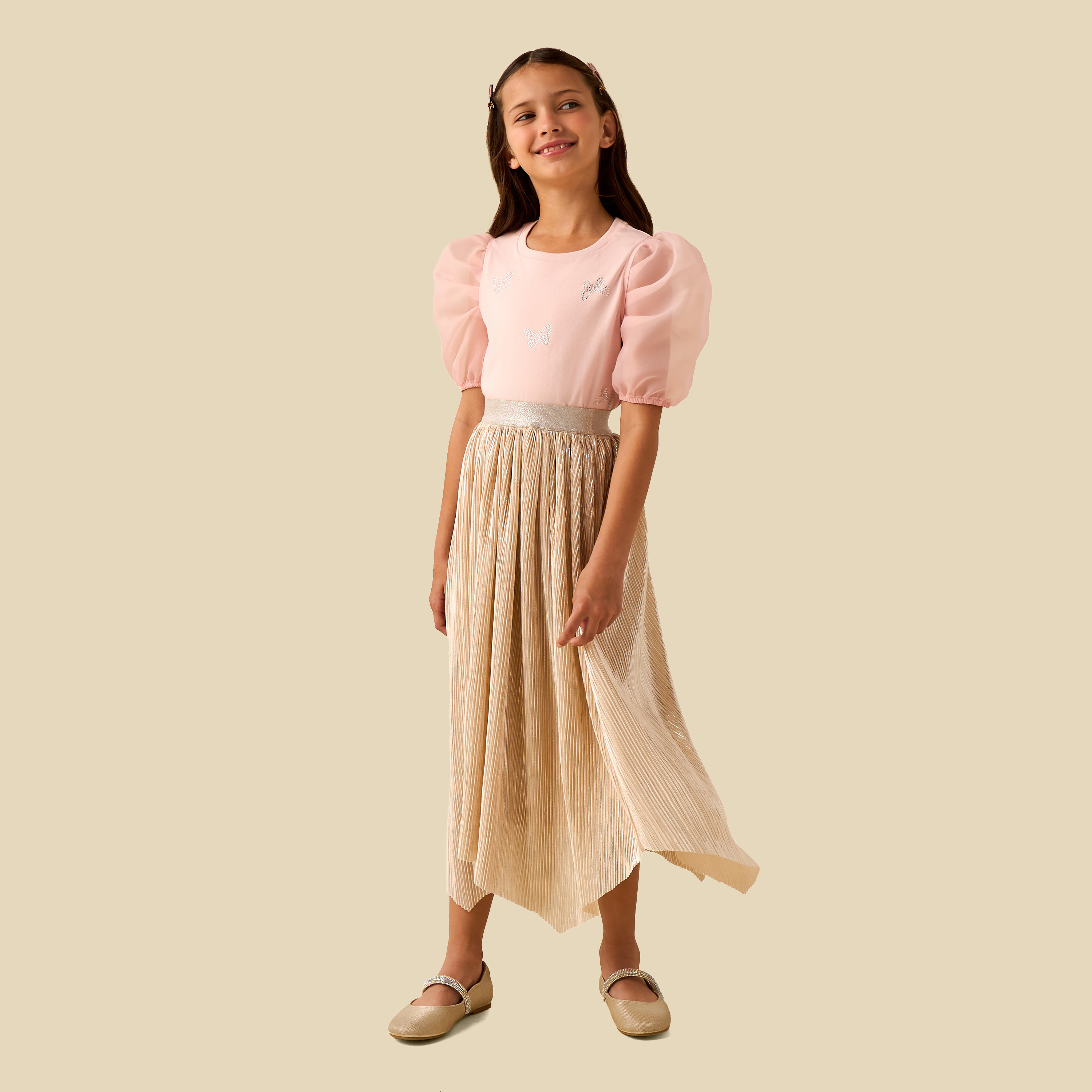 Juniors Round Neck Puff Sleeves T-shirt with Embellishment-girls-clothing-tshirts-image-2