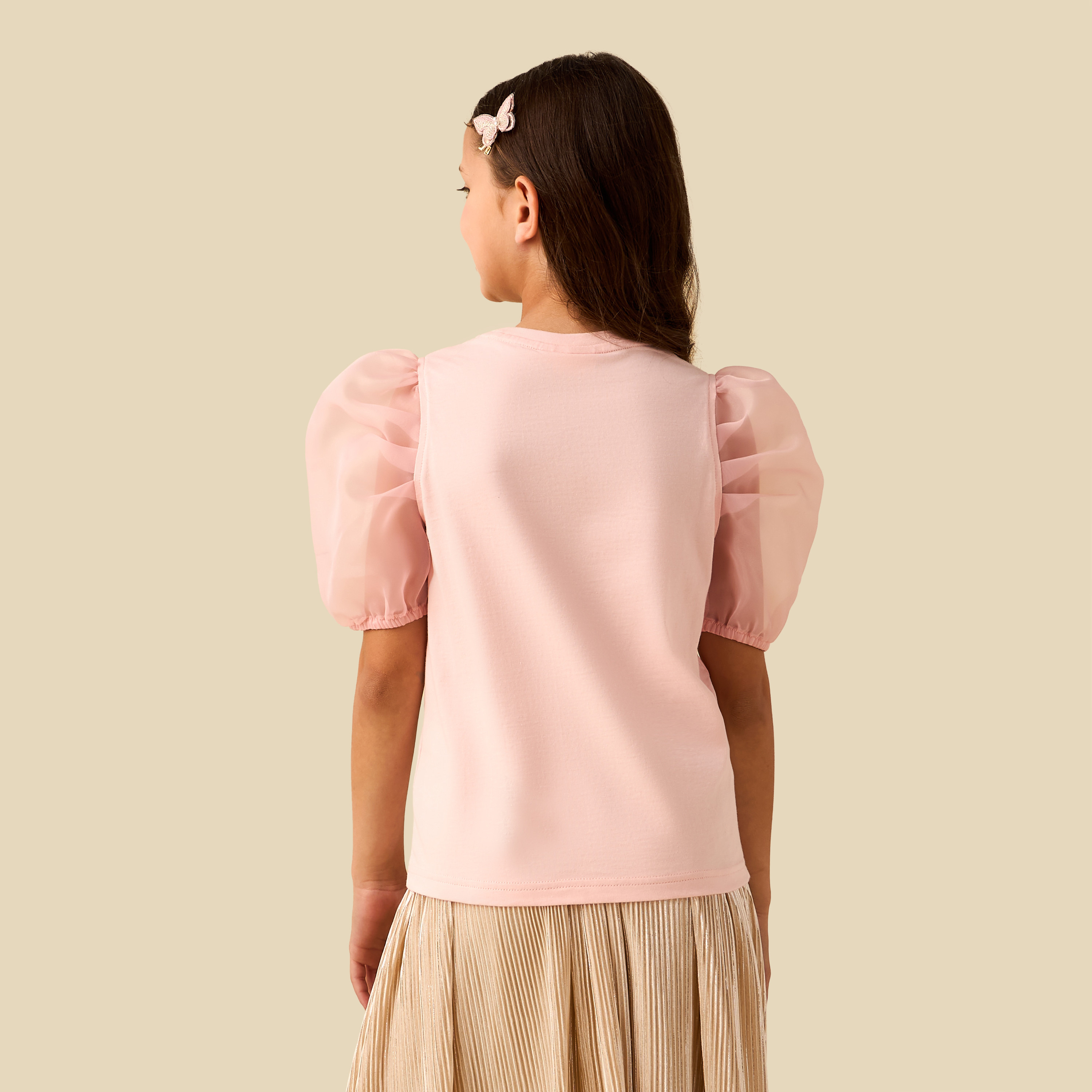 Juniors Round Neck Puff Sleeves T-shirt with Embellishment-girls-clothing-tshirts-image-3