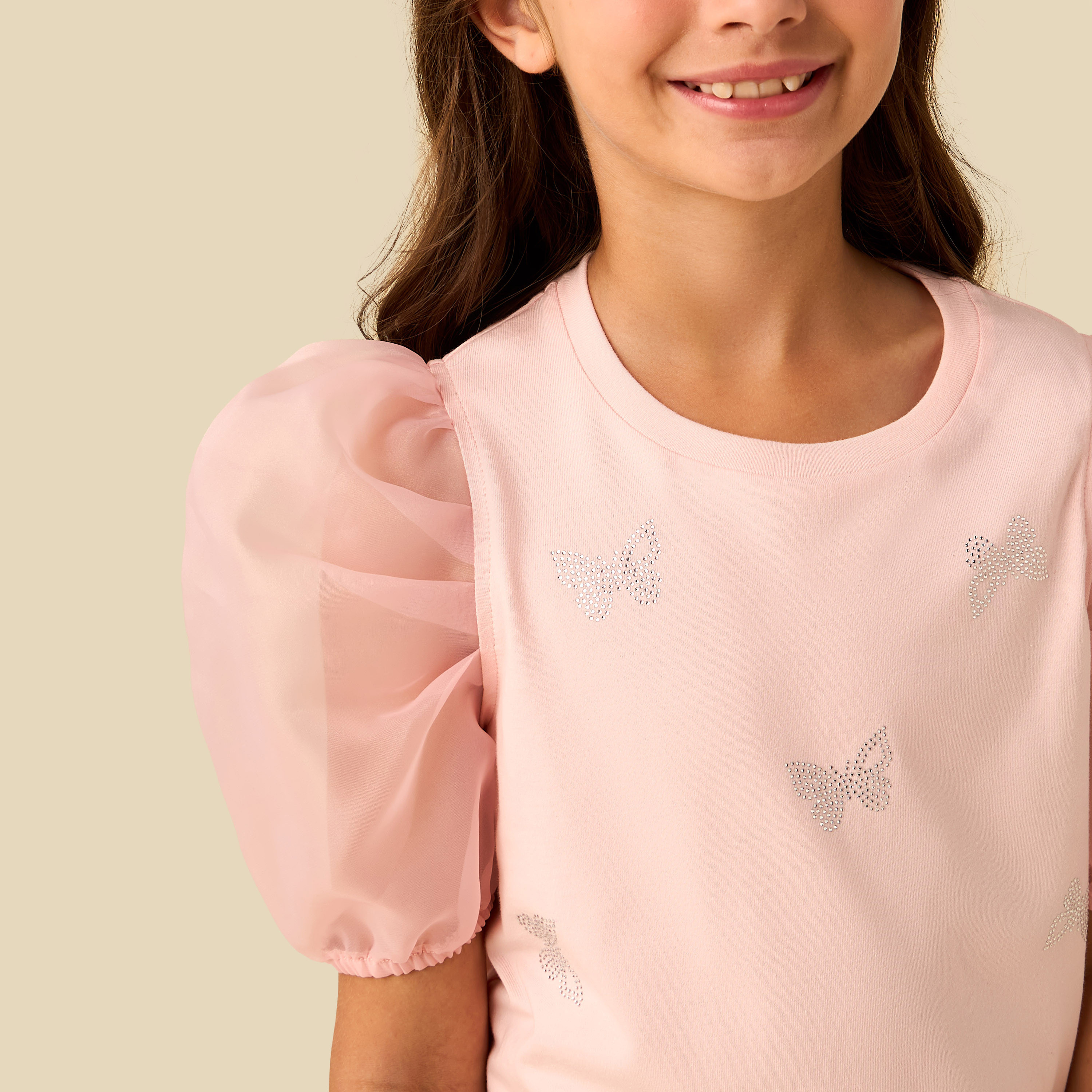 Juniors Round Neck Puff Sleeves T-shirt with Embellishment-girls-clothing-tshirts-image-4