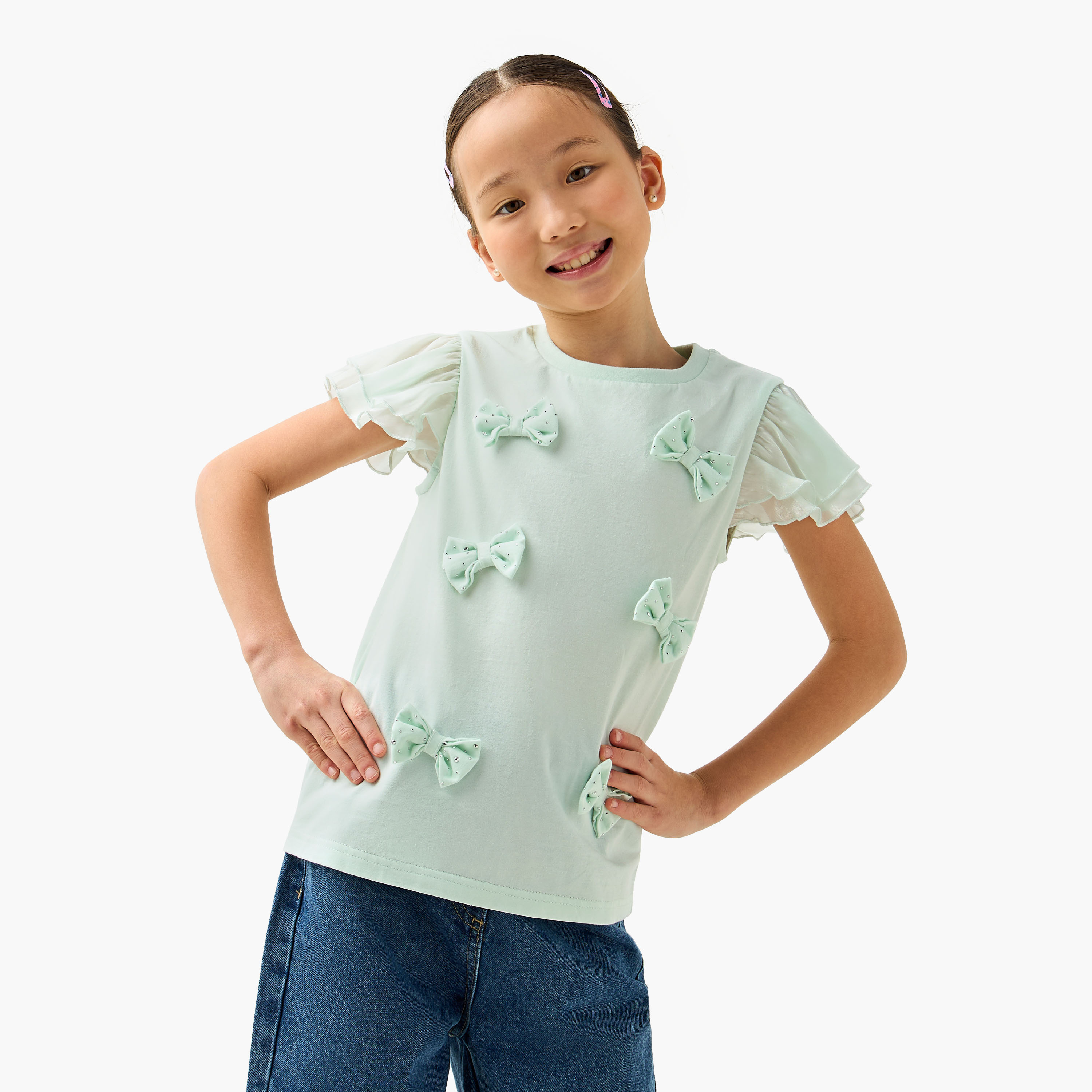 Juniors Crew Neck Ruffle Sleeves T-shirt with Bow Applique-girls-clothing-tshirts-image-1
