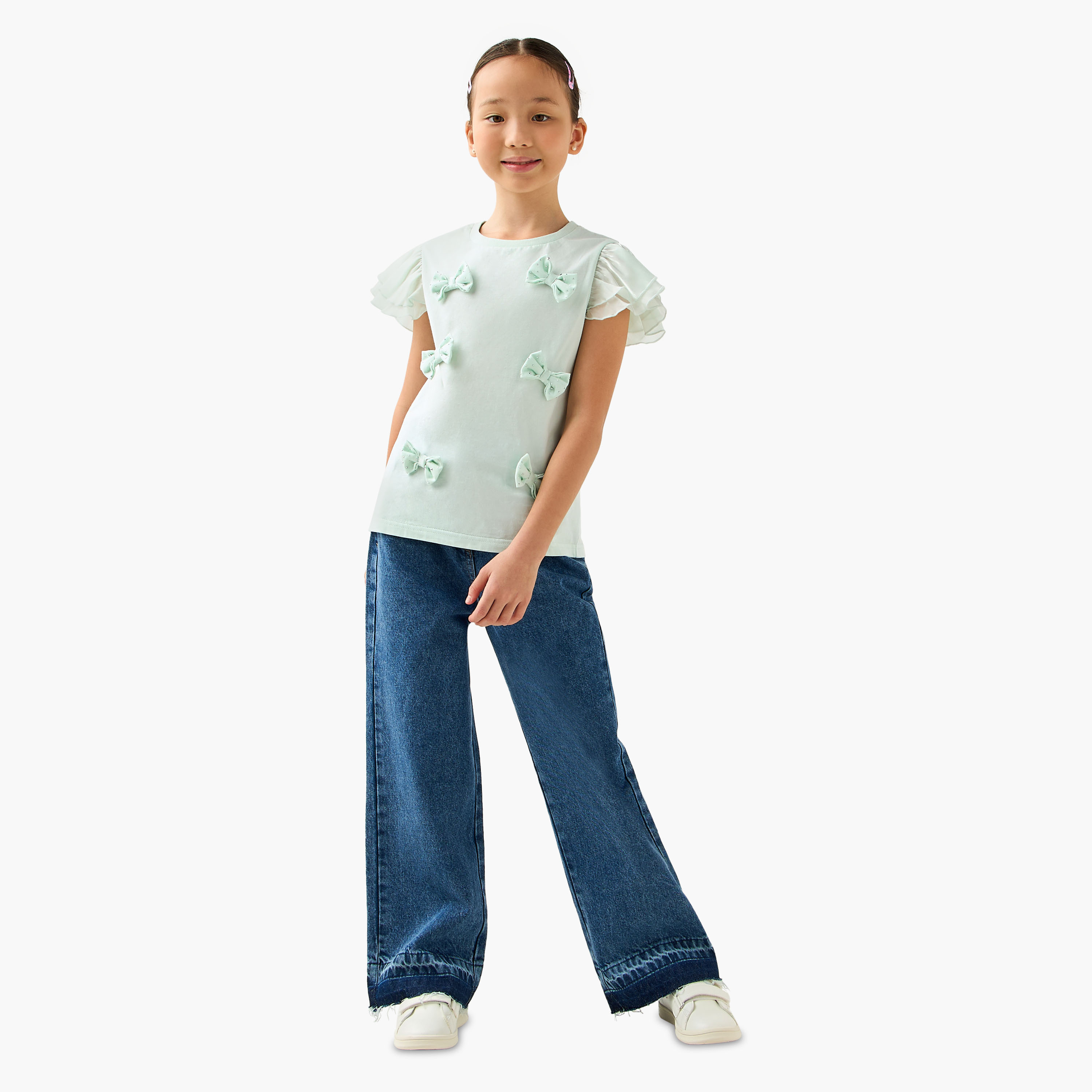Juniors Crew Neck Ruffle Sleeves T-shirt with Bow Applique-girls-clothing-tshirts-image-2