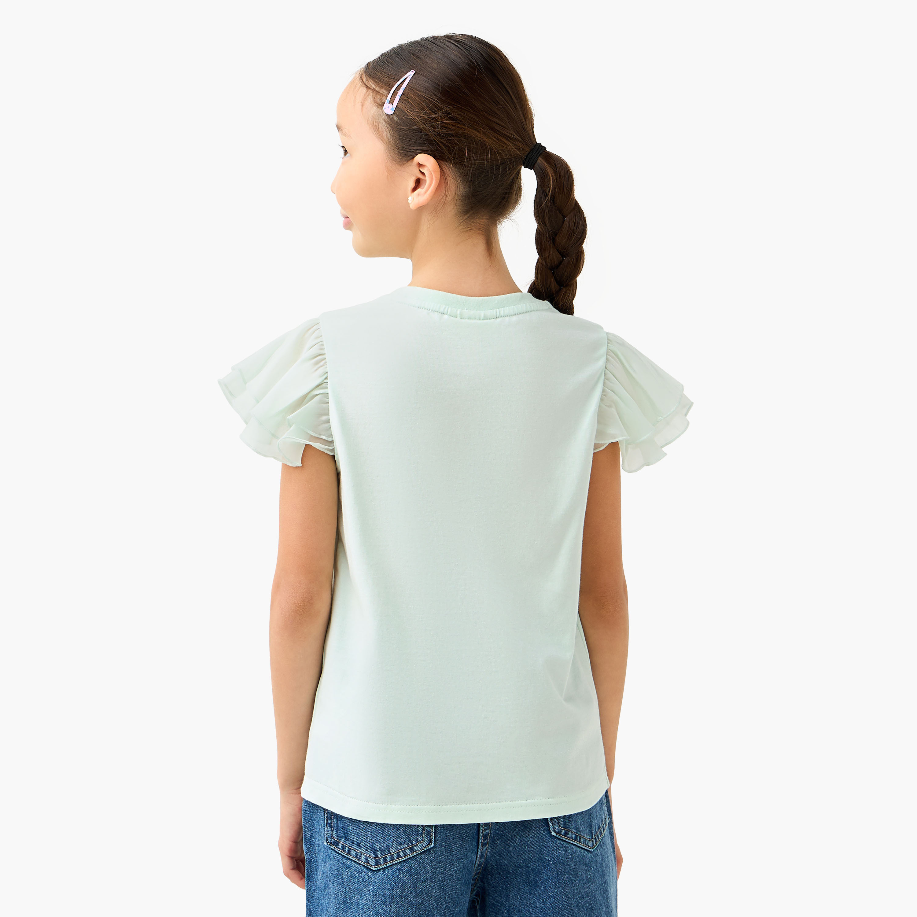 Juniors Crew Neck Ruffle Sleeves T-shirt with Bow Applique-girls-clothing-tshirts-image-3