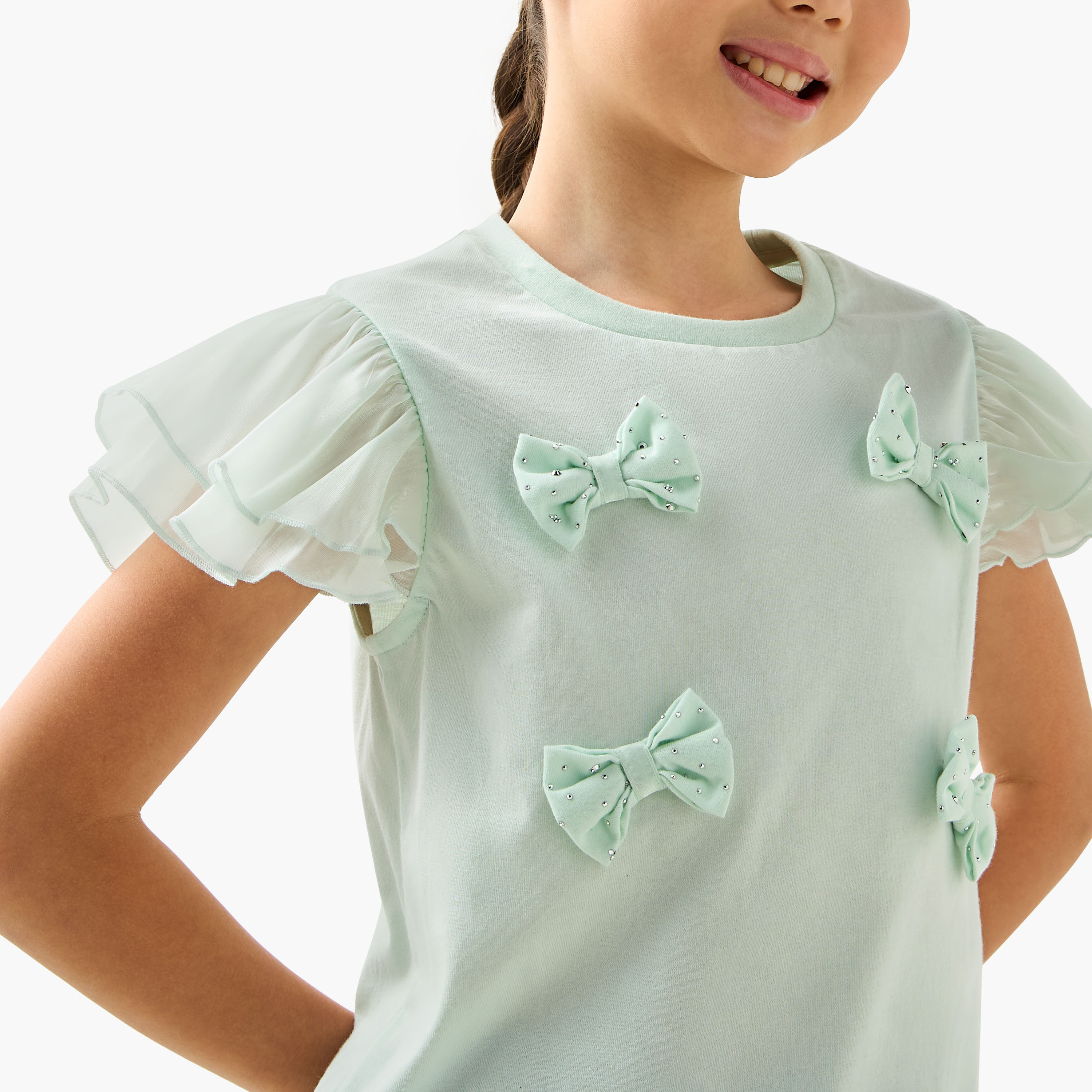 Juniors Crew Neck Ruffle Sleeves T-shirt with Bow Applique-girls-clothing-tshirts-image-4