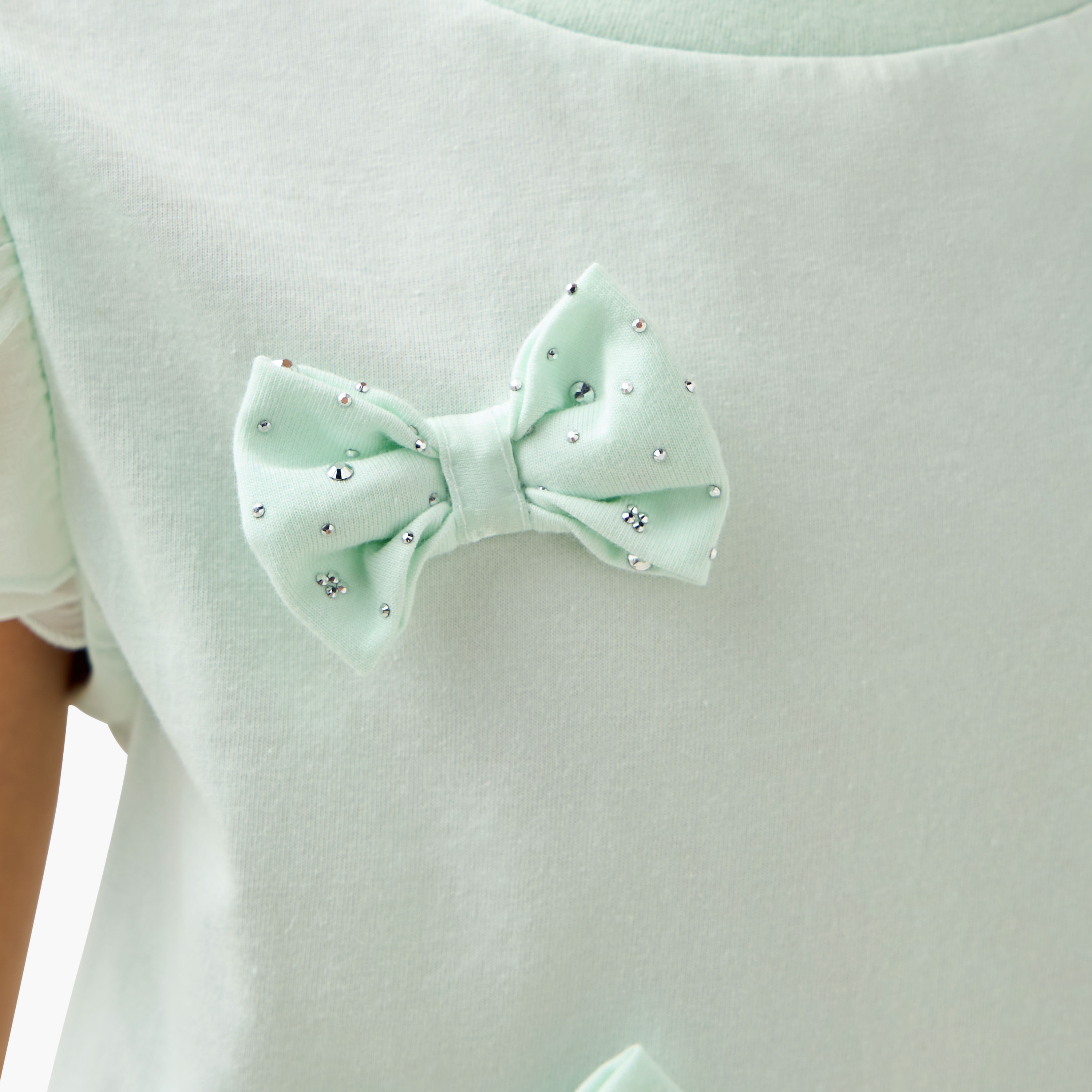 Juniors Crew Neck Ruffle Sleeves T-shirt with Bow Applique-girls-clothing-tshirts-image-5
