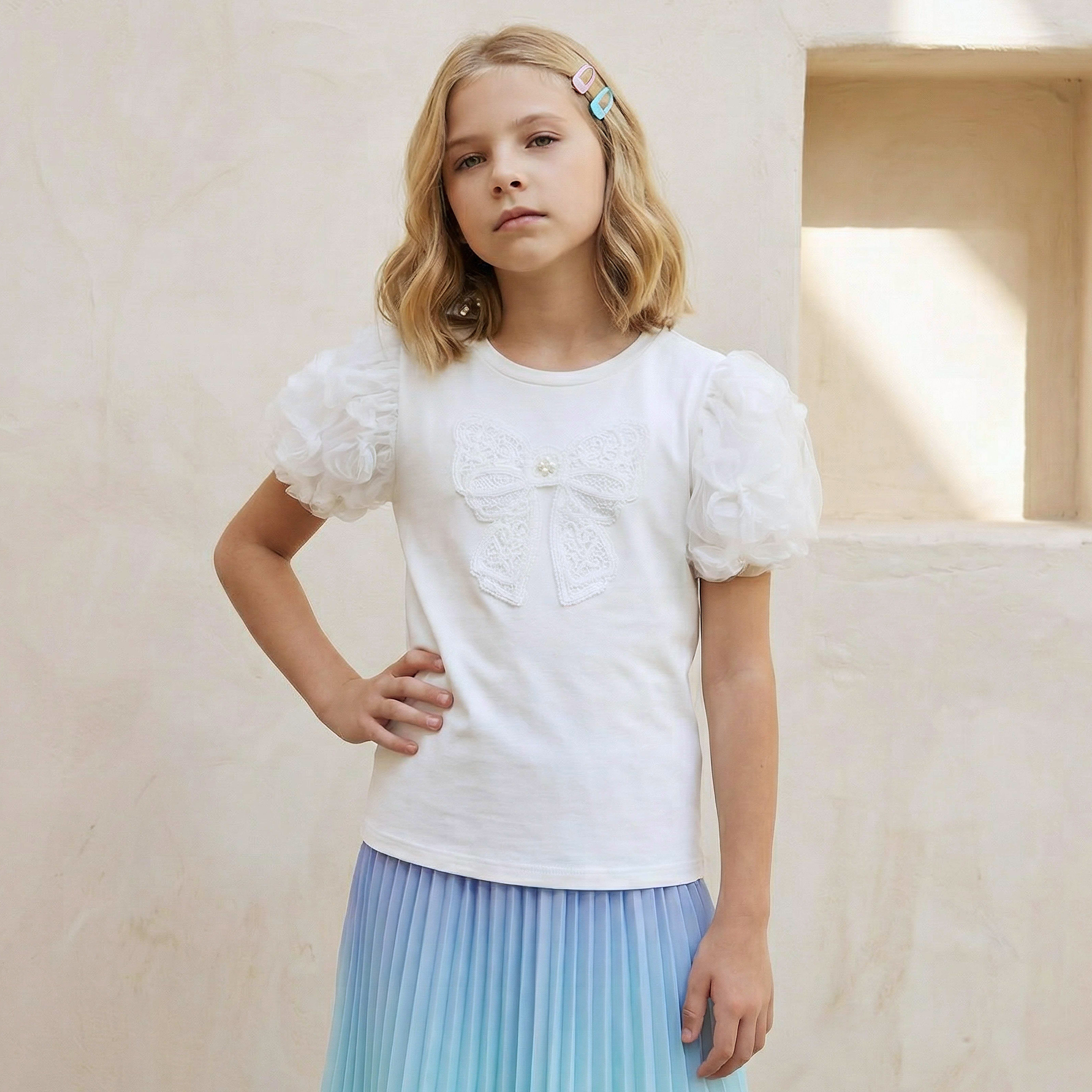 Juniors Crew Neck Short Sleeves Top with Bow Applique-girls-clothing-blousesandshirts-image-1
