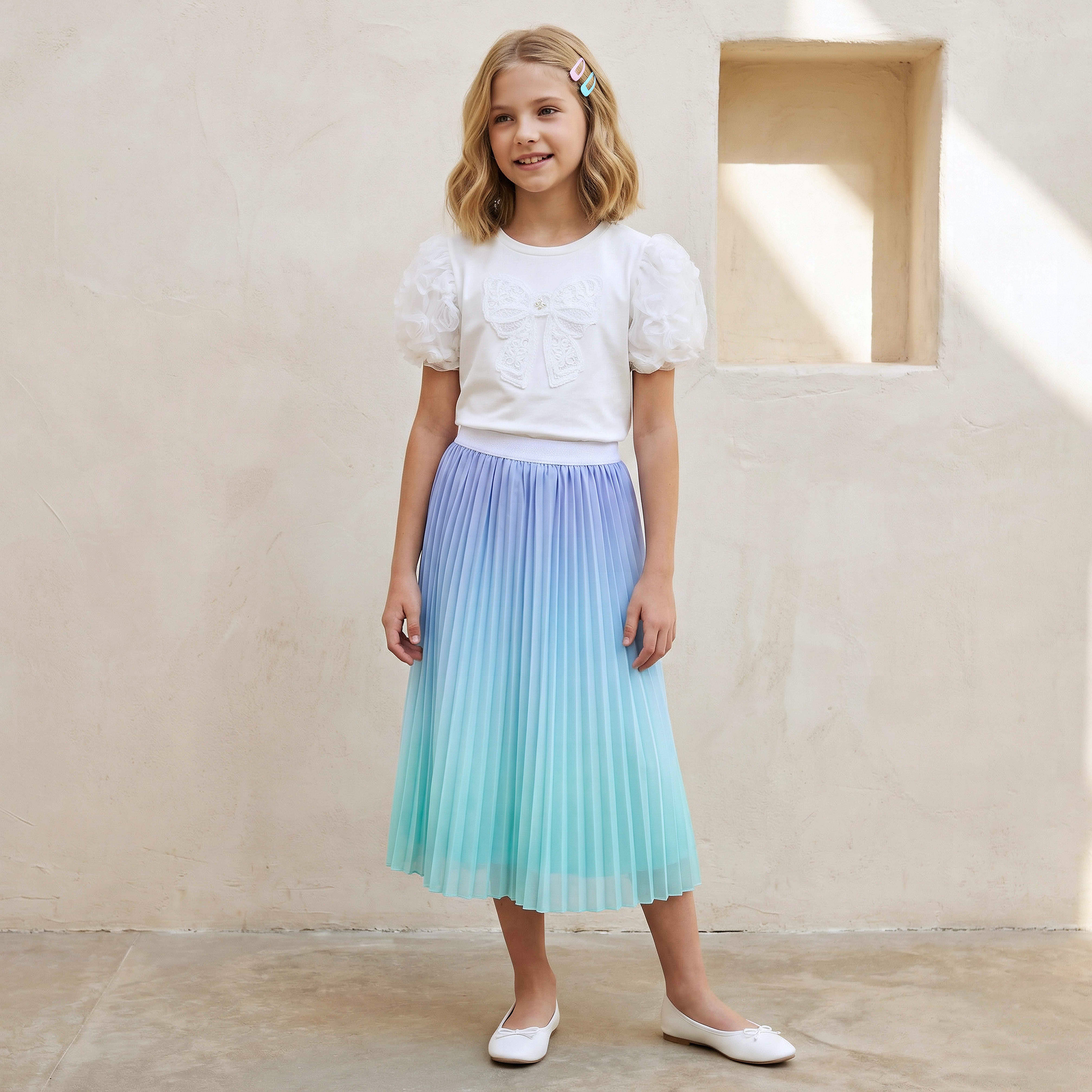 Juniors Crew Neck Short Sleeves Top with Bow Applique-girls-clothing-blousesandshirts-image-2