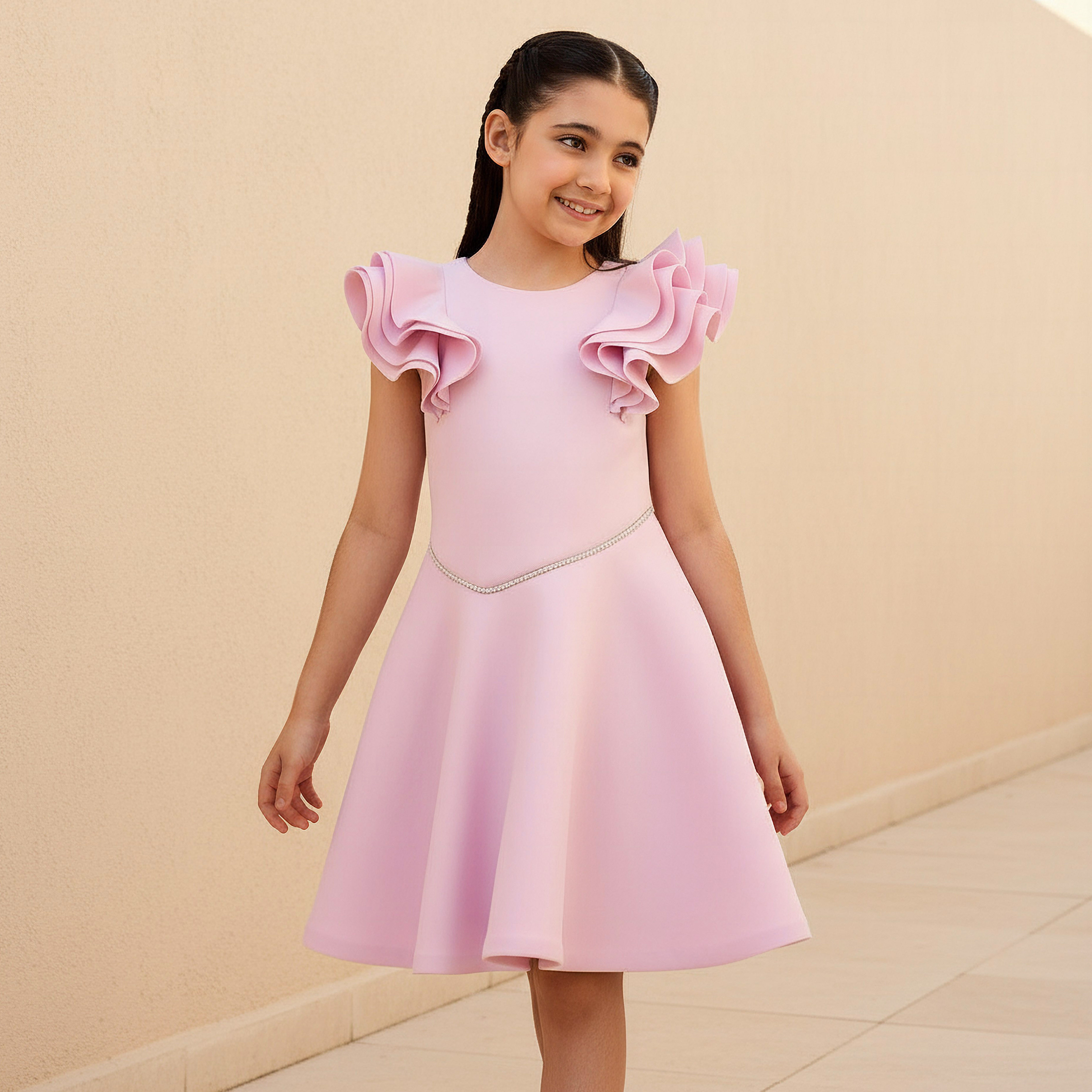 Juniors Round Neck Ruffle Sleeves Dress with Embellished Detail-girls-clothing-dressesandjumpsuits-image-1