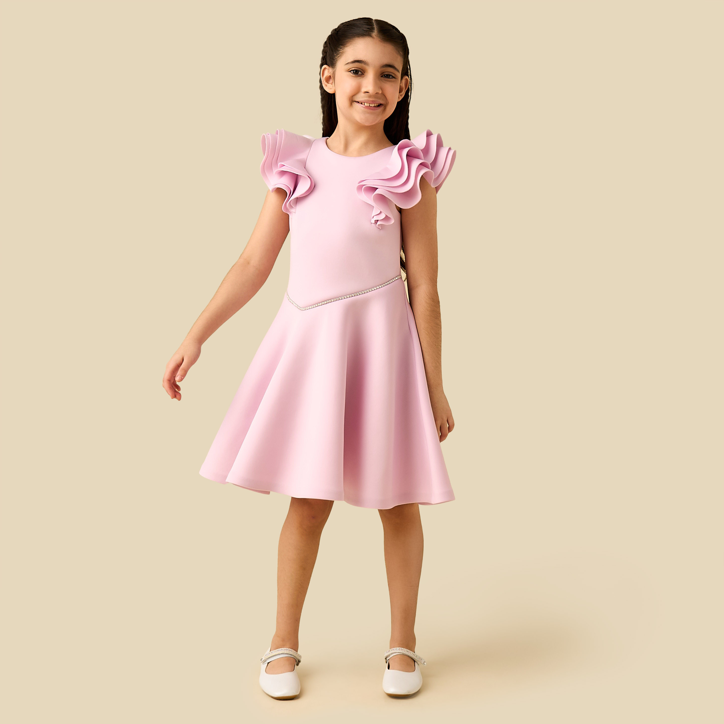 Juniors Round Neck Ruffle Sleeves Dress with Embellished Detail-girls-clothing-dressesandjumpsuits-image-2
