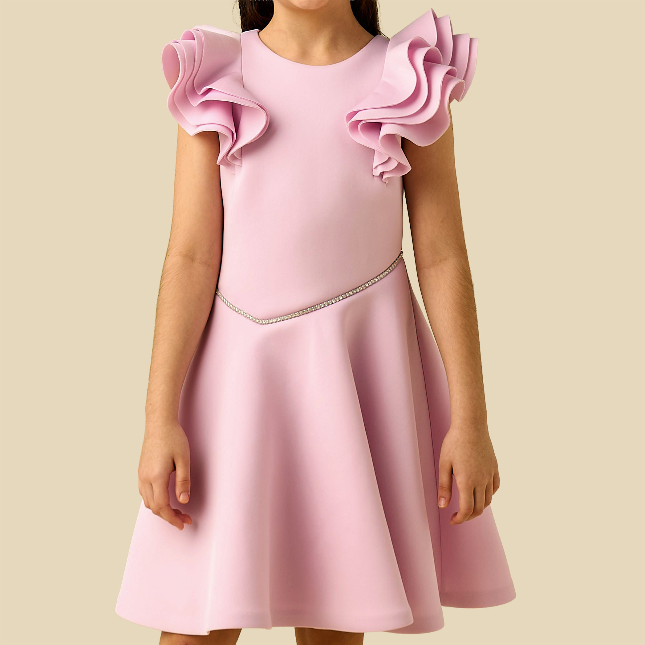 Juniors Round Neck Ruffle Sleeves Dress with Embellished Detail-girls-clothing-dressesandjumpsuits-image-3