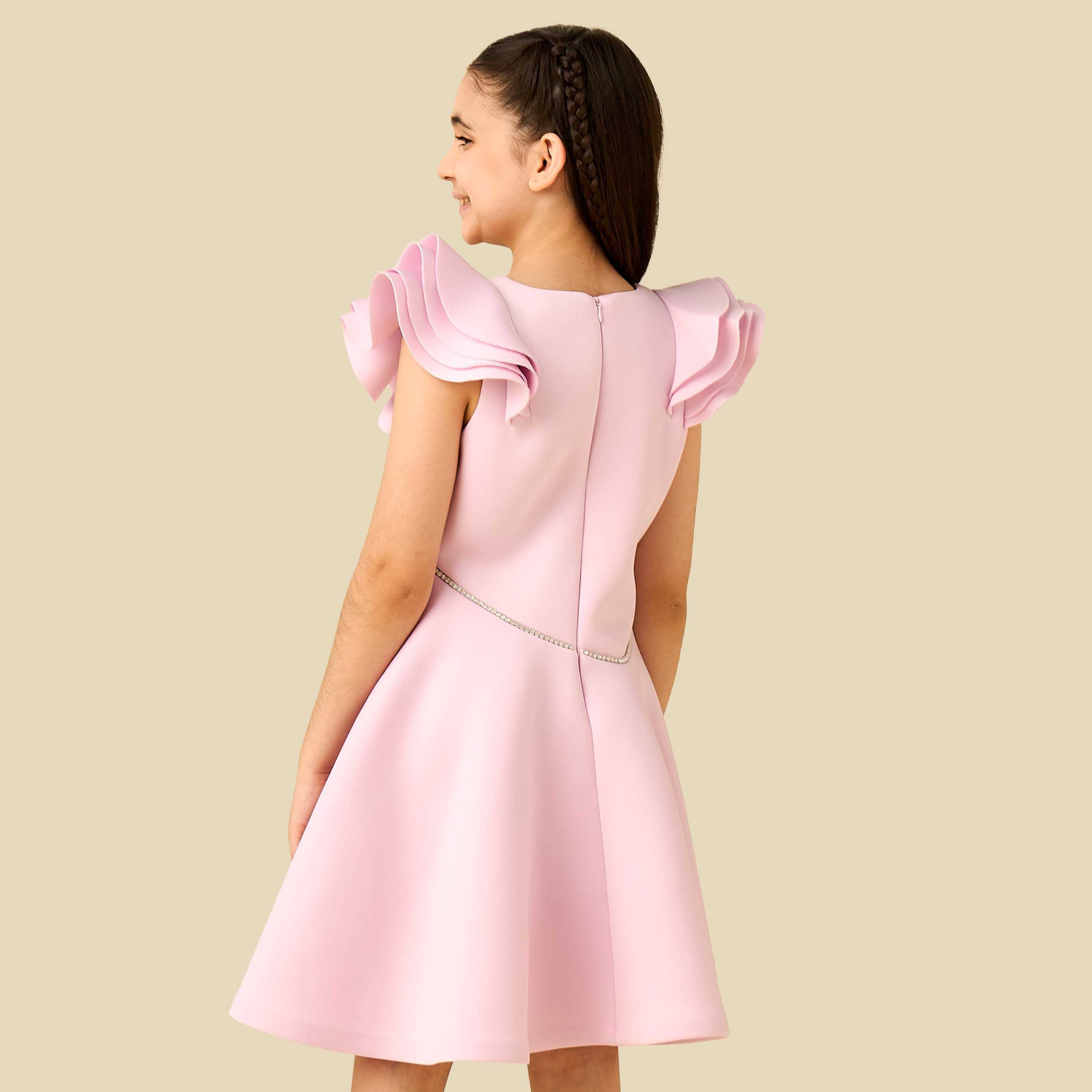 Juniors Round Neck Ruffle Sleeves Dress with Embellished Detail-girls-clothing-dressesandjumpsuits-image-5