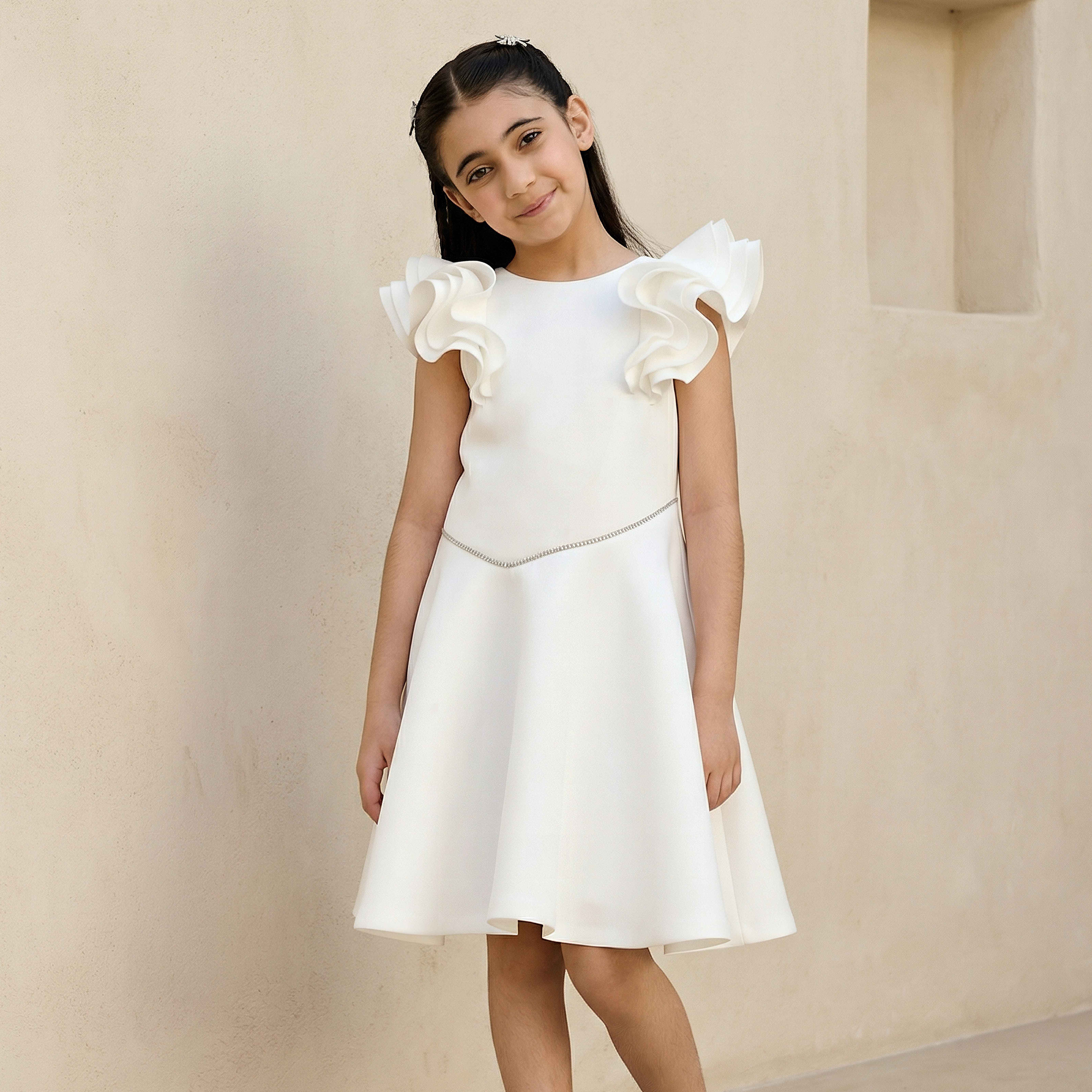 Juniors Round Neck Ruffle Sleeves Dress with Embellished Detail-girls-clothing-dressesandjumpsuits-image-1